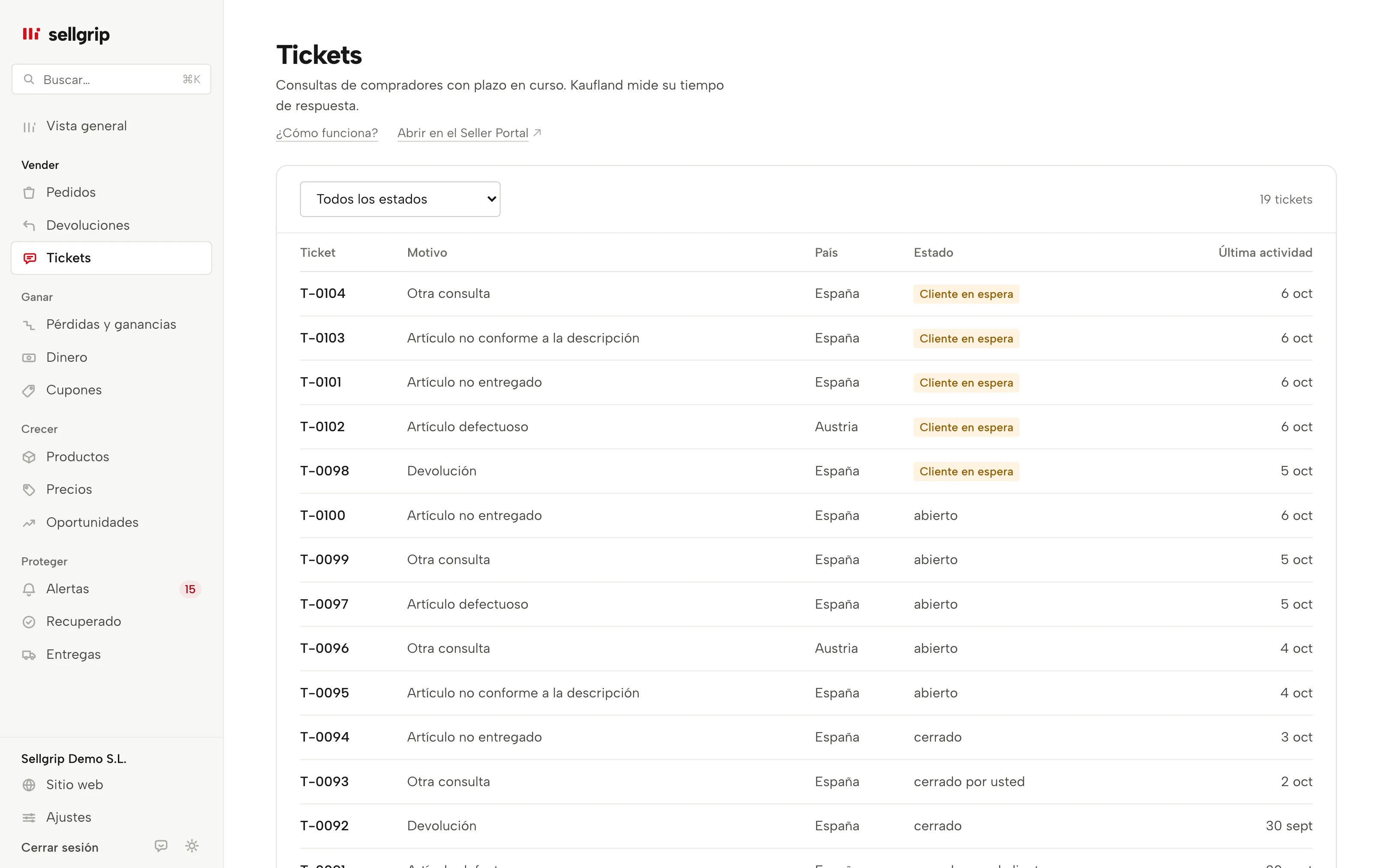 Tickets en Sellgrip: motivo, país y el estado El cliente espera.