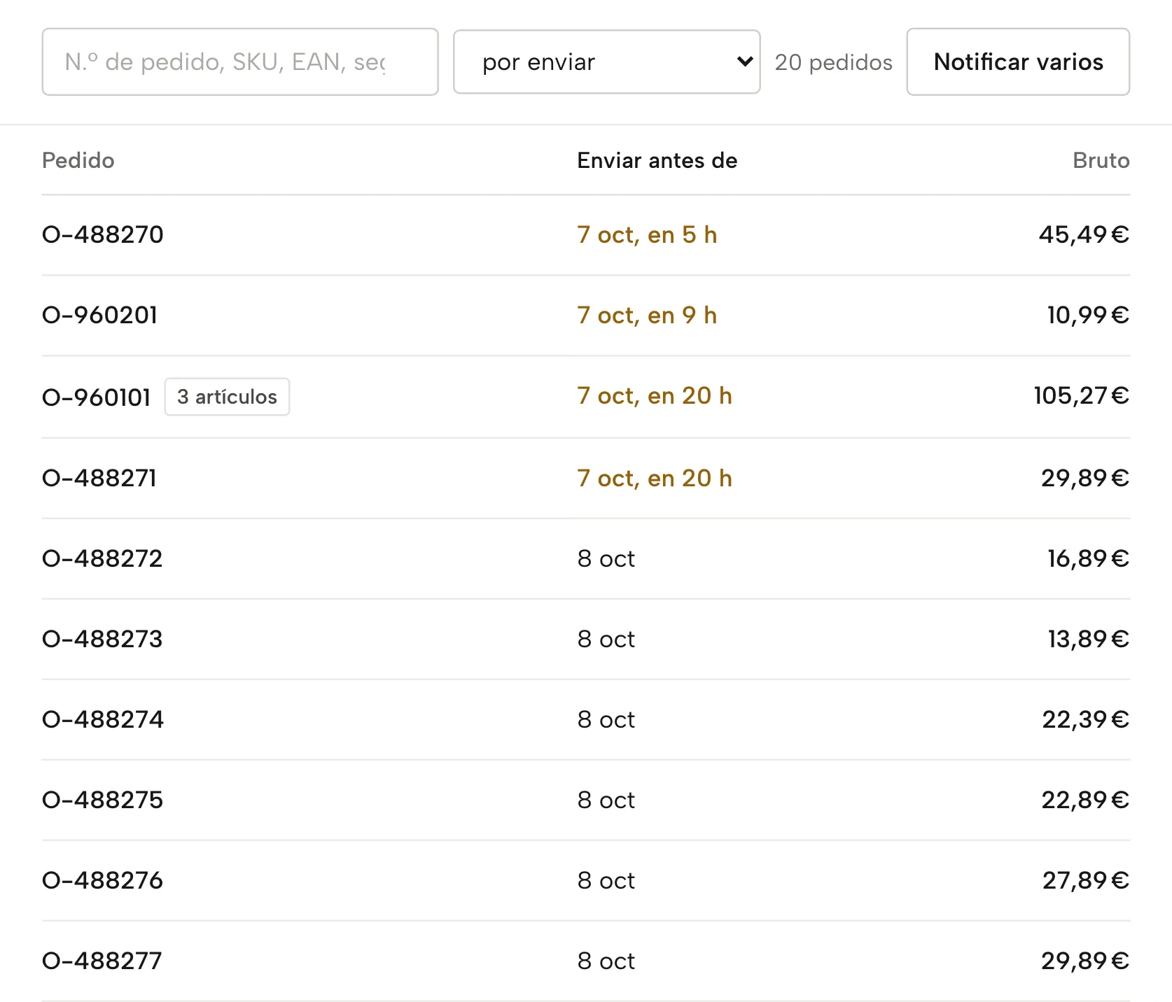 Pedidos en Sellgrip, con datos de ejemplo