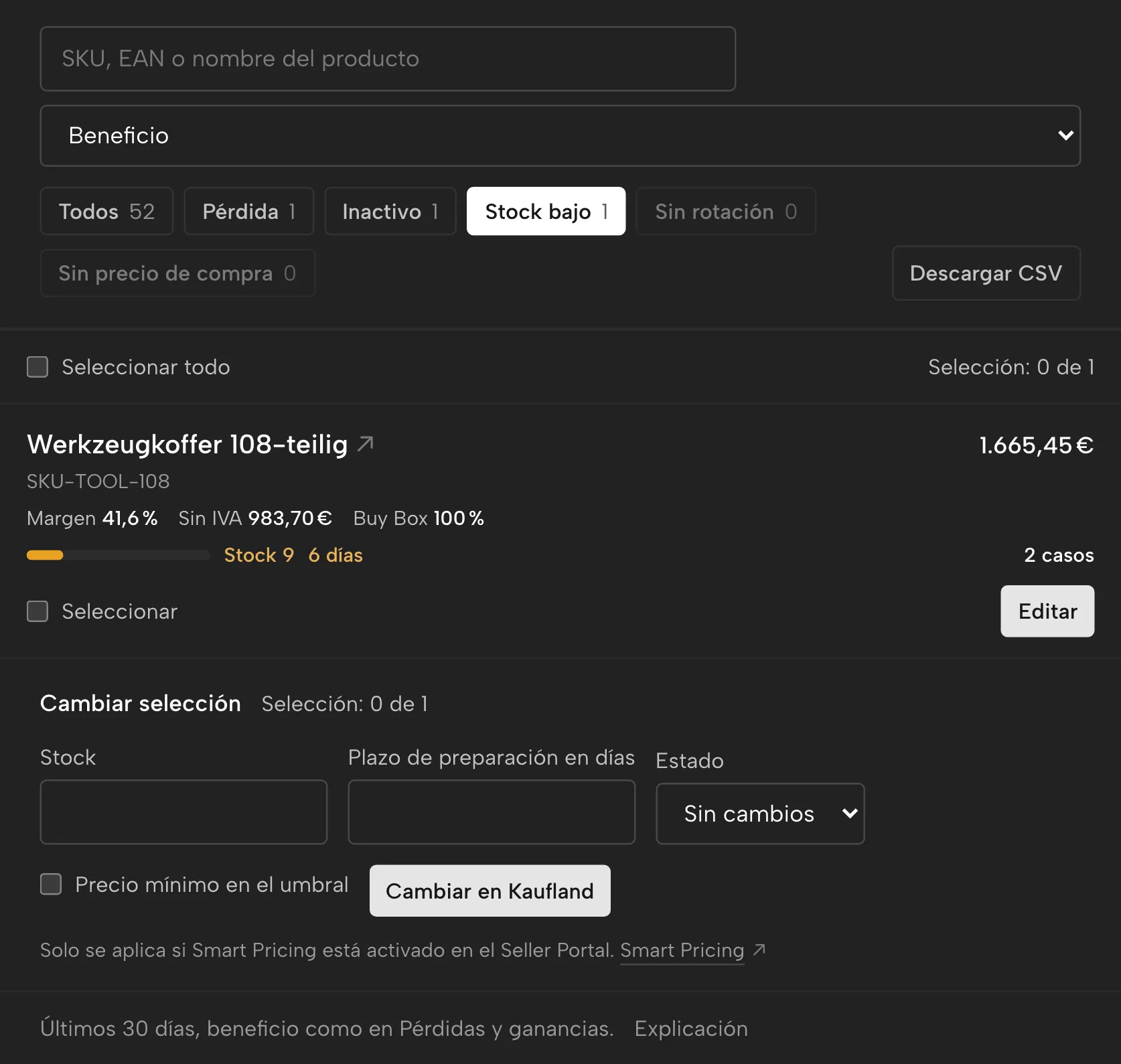 Reposición en Sellgrip, con datos de ejemplo