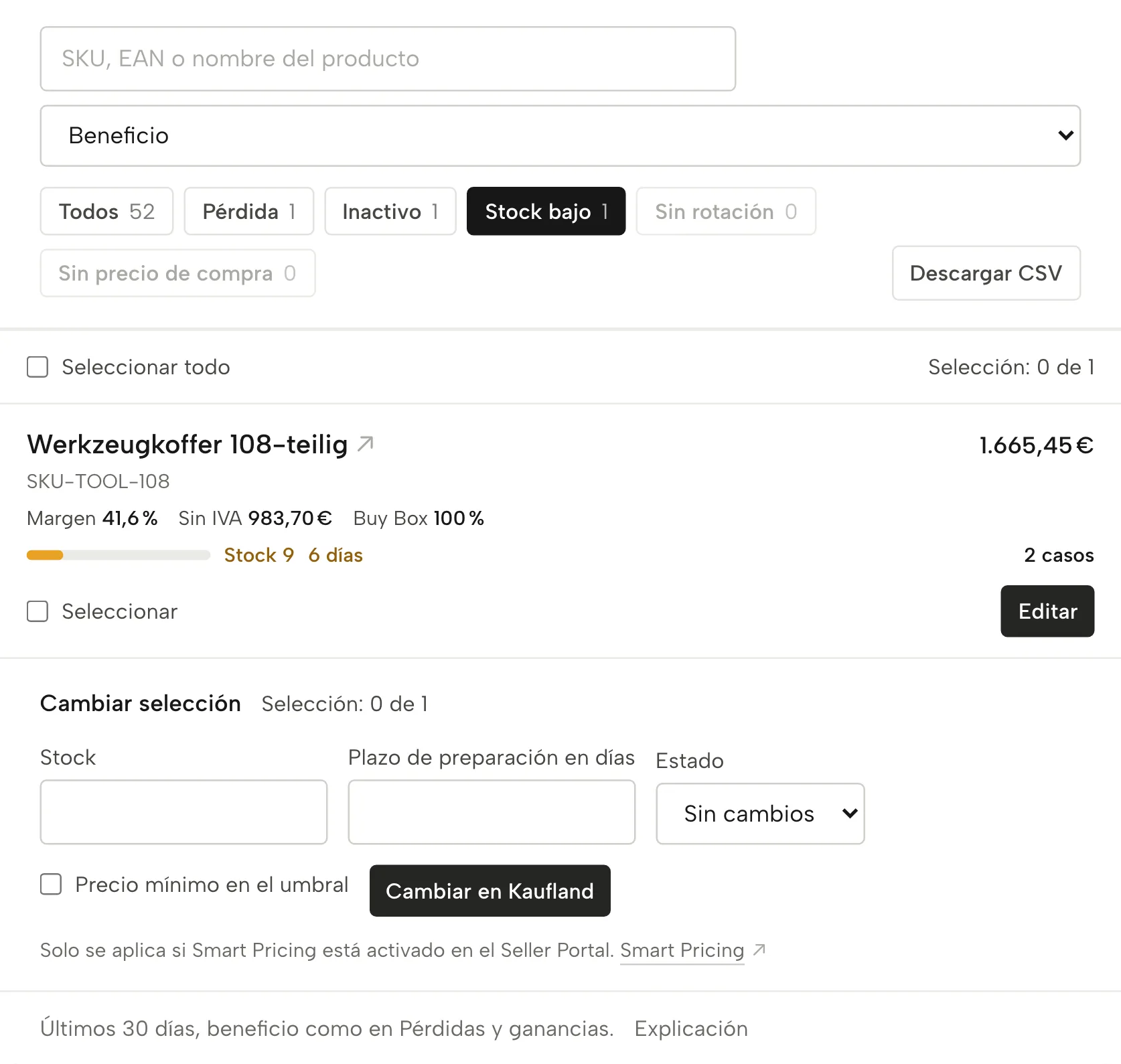 Reposición en Sellgrip, con datos de ejemplo