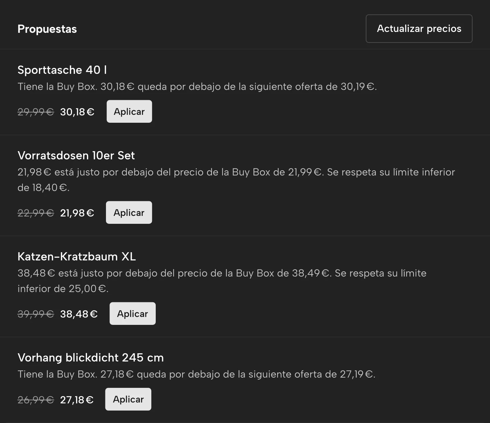 Reglas de precios en Sellgrip, con datos de ejemplo