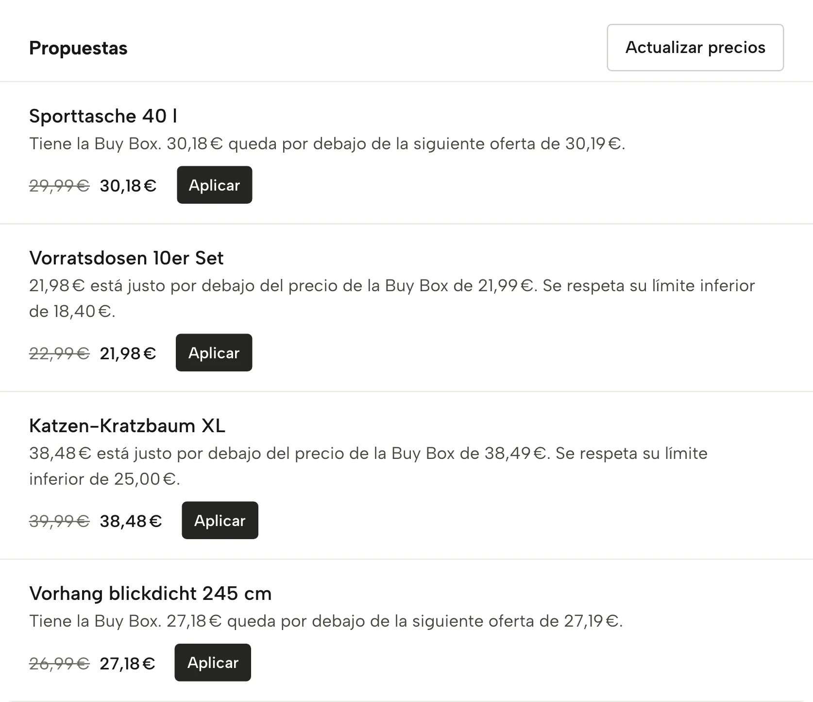 Reglas de precios en Sellgrip, con datos de ejemplo