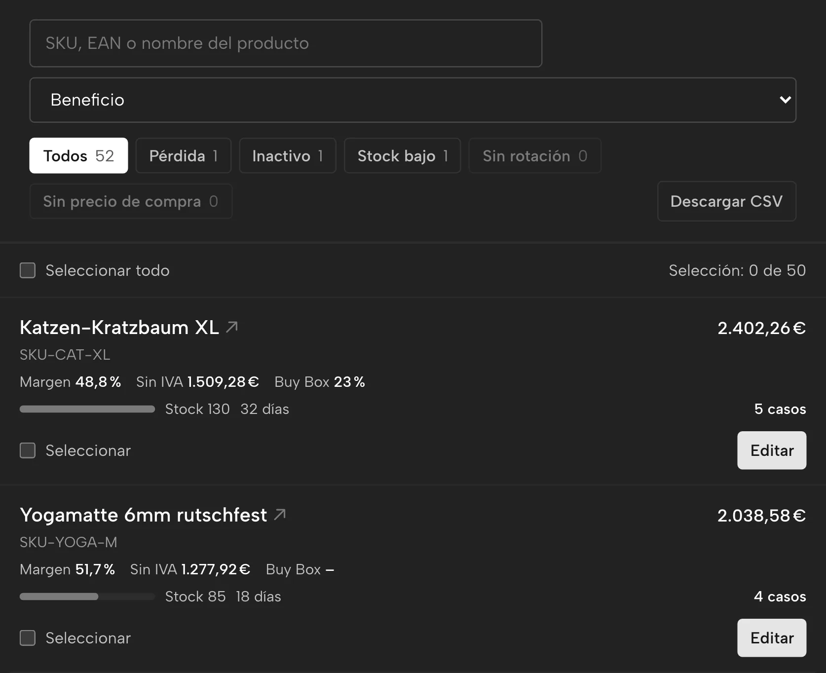 Productos en Sellgrip, con datos de ejemplo