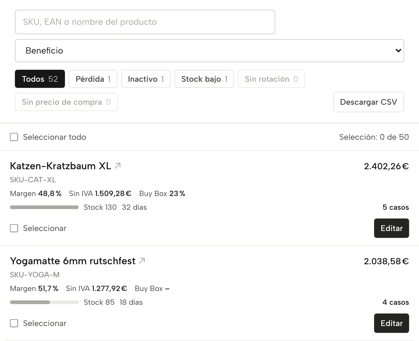 Productos en Sellgrip, con datos de ejemplo