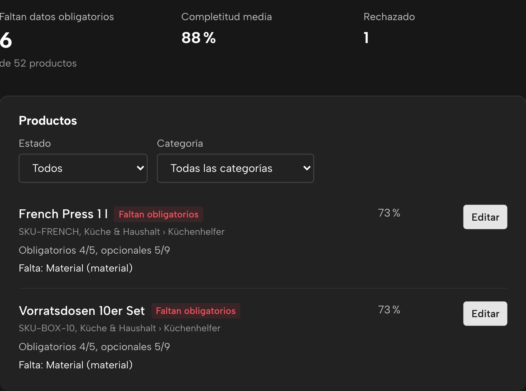Datos de producto en Sellgrip, con datos de ejemplo