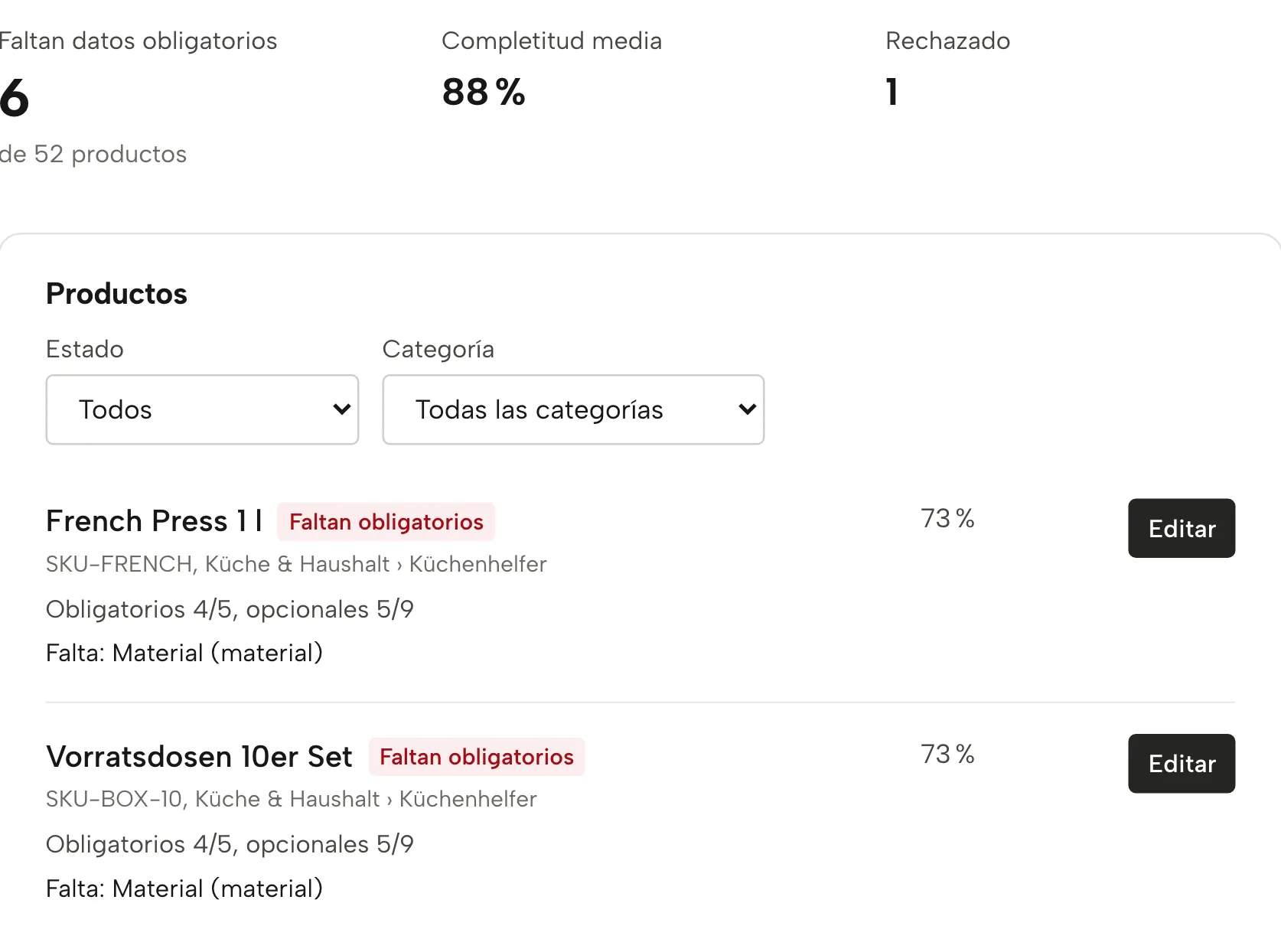 Datos de producto en Sellgrip, con datos de ejemplo