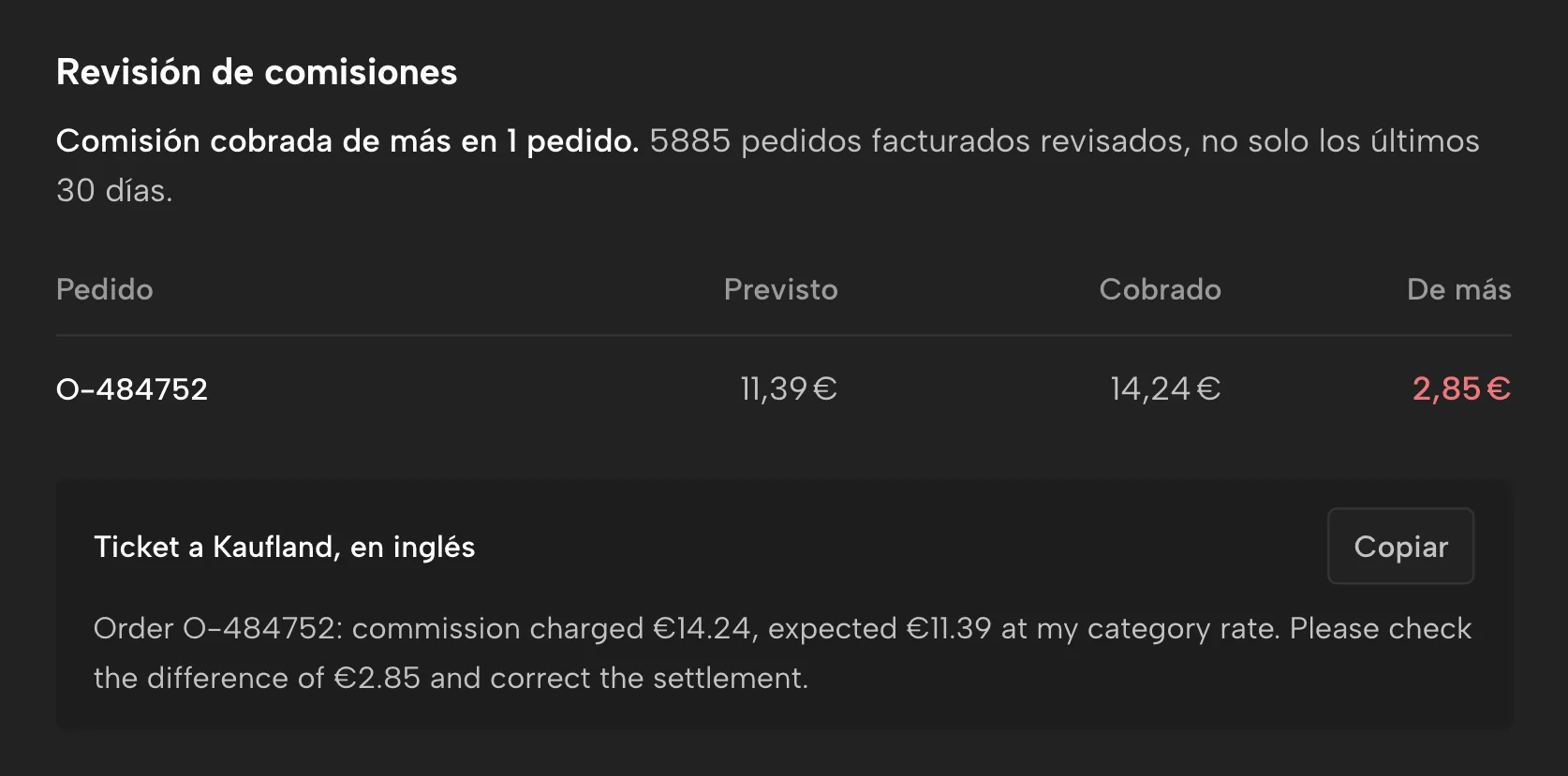 Revisión de comisiones en Sellgrip, con datos de ejemplo