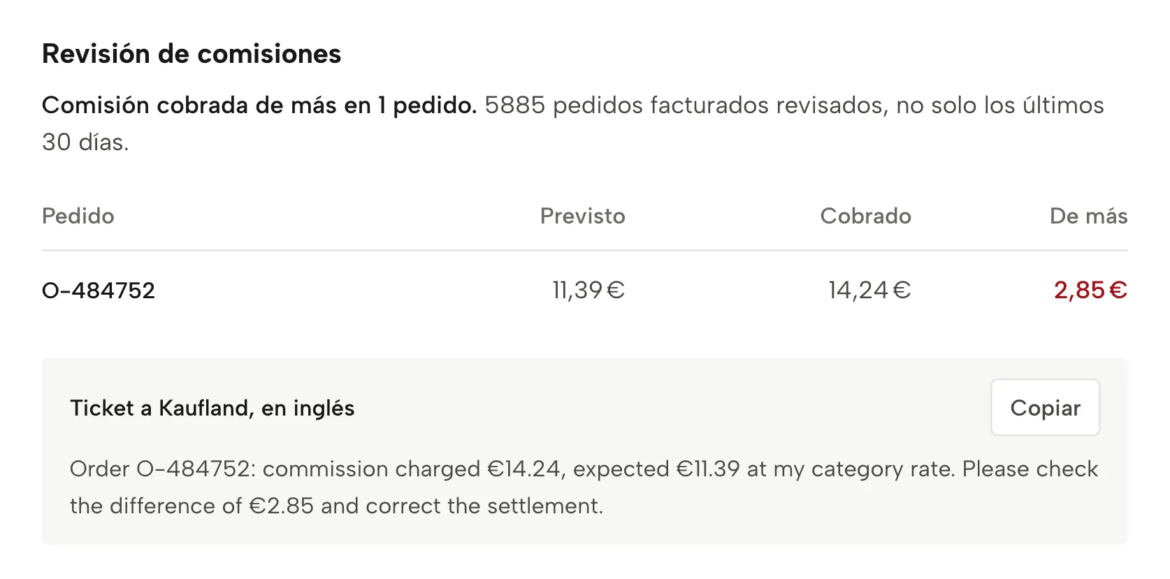Revisión de comisiones en Sellgrip, con datos de ejemplo