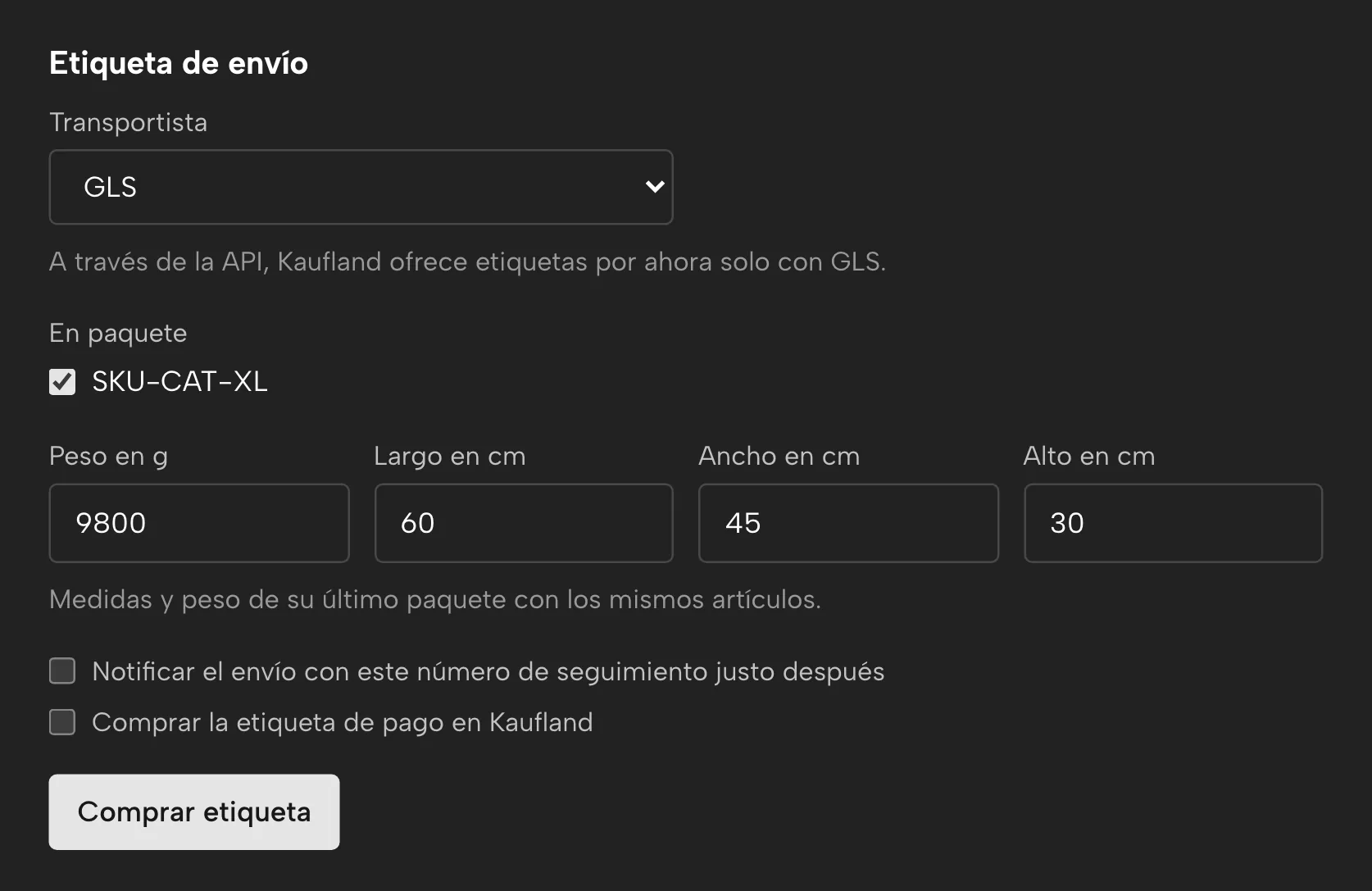 Etiquetas de envío en Sellgrip, con datos de ejemplo