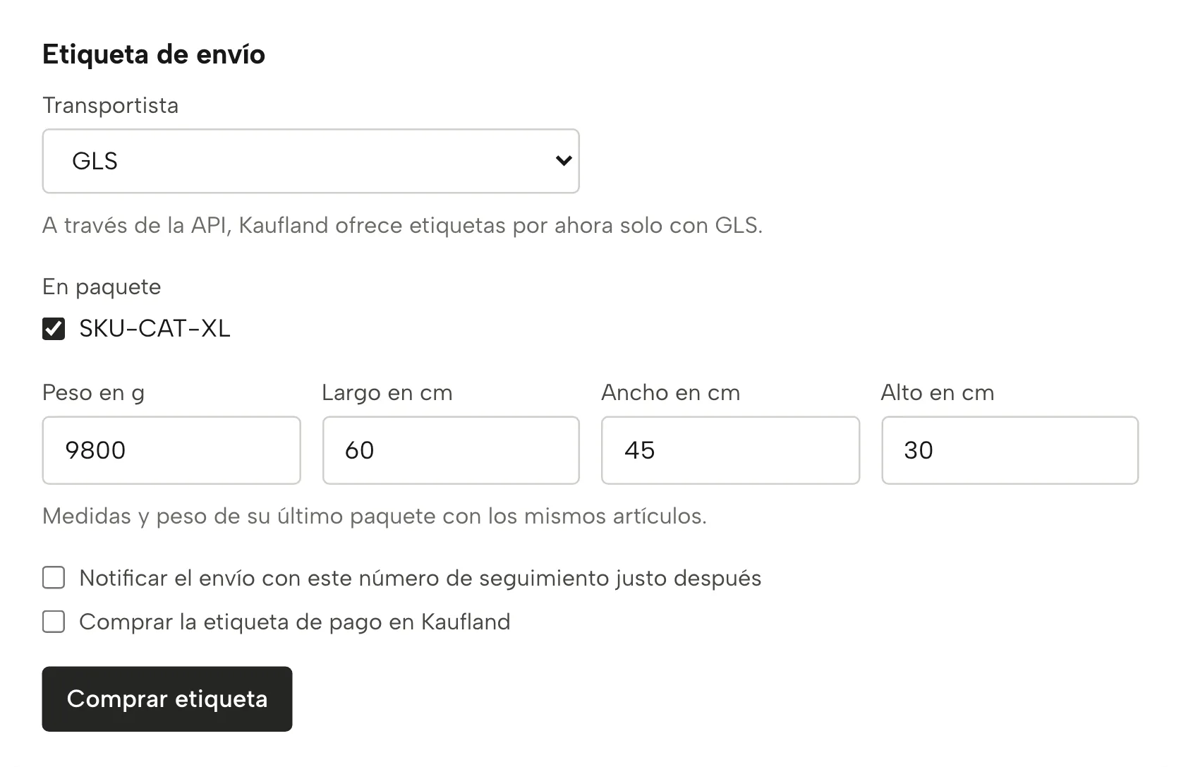 Etiquetas de envío en Sellgrip, con datos de ejemplo