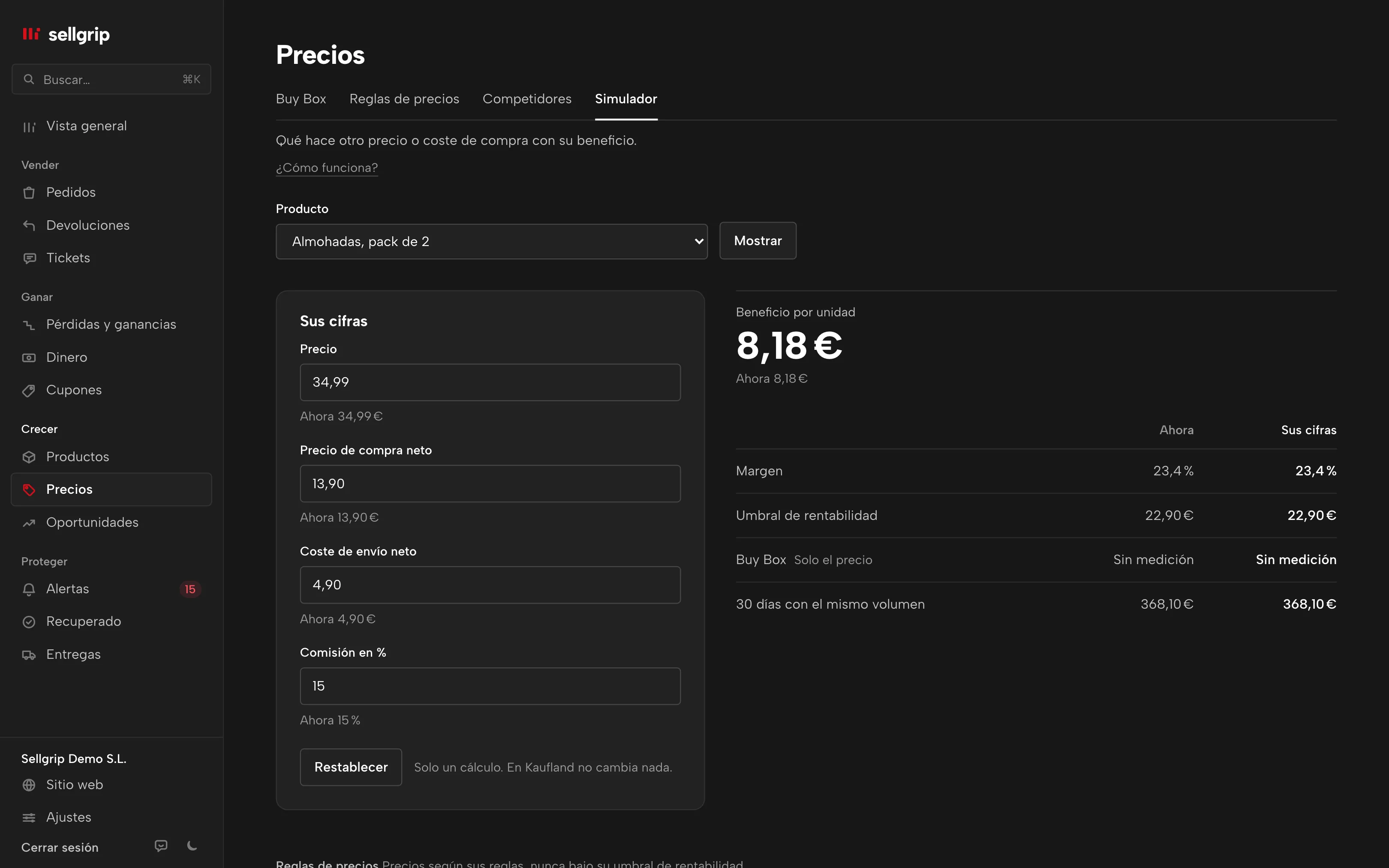 Qué pasaría si en Sellgrip: cambie precio, compra y envío de un producto y vea al instante el beneficio por unidad, el margen y el umbral de rentabilidad.