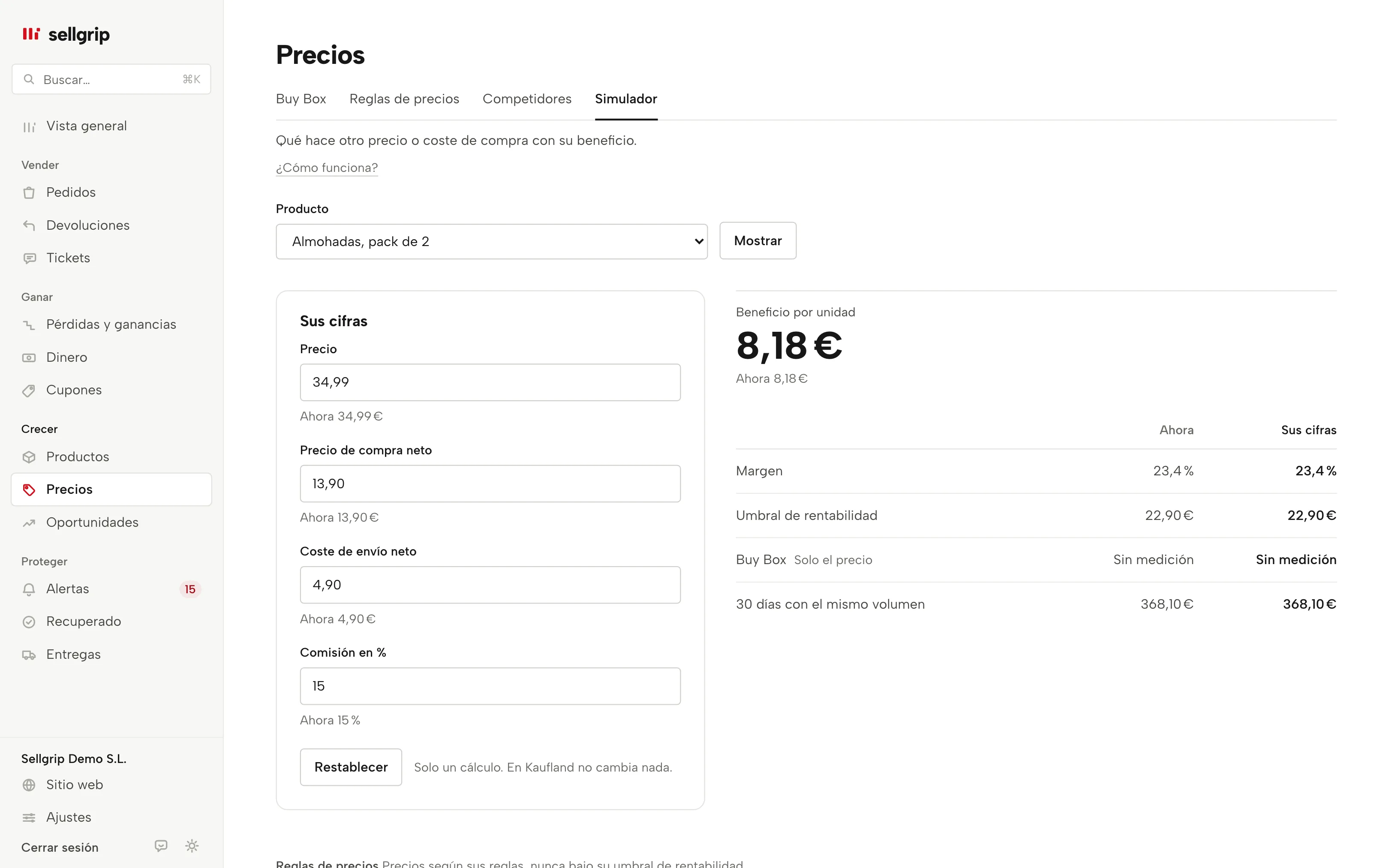 Qué pasaría si en Sellgrip: cambie precio, compra y envío de un producto y vea al instante el beneficio por unidad, el margen y el umbral de rentabilidad.