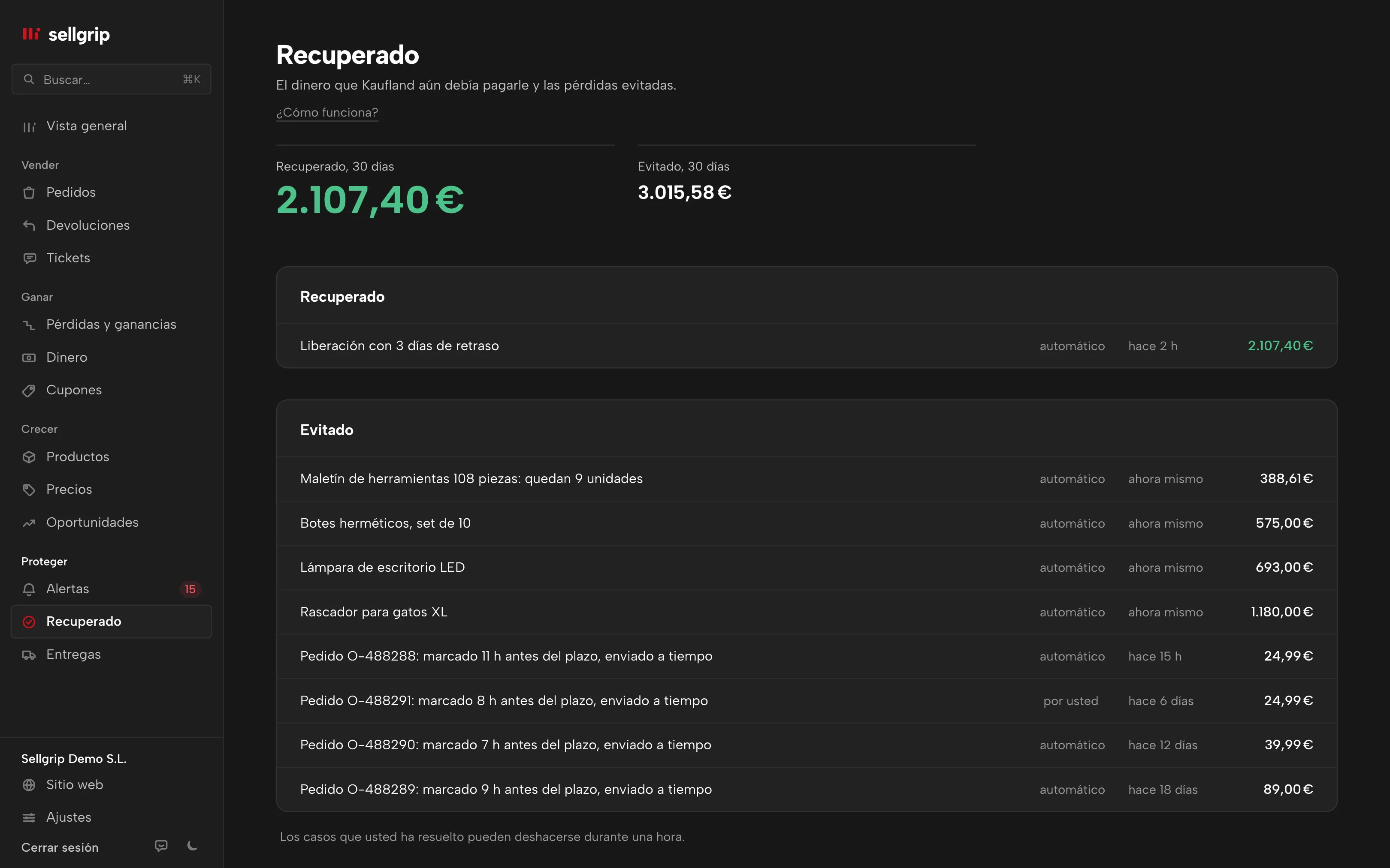 Recuperado en Sellgrip: dos totales y los justificantes con su importe.
