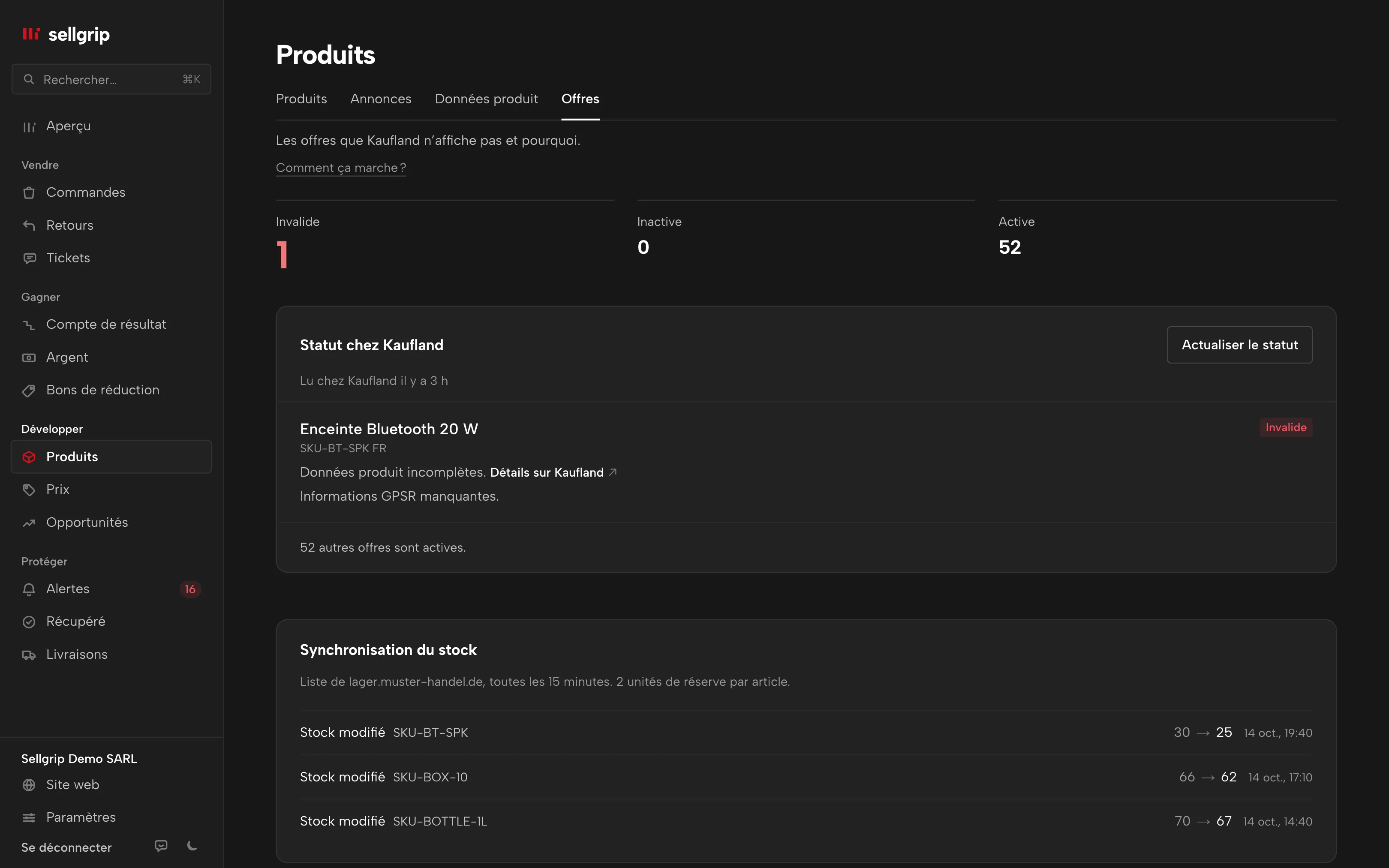 Offres dans Sellgrip : le statut chez Kaufland par offre et la synchronisation du stock.