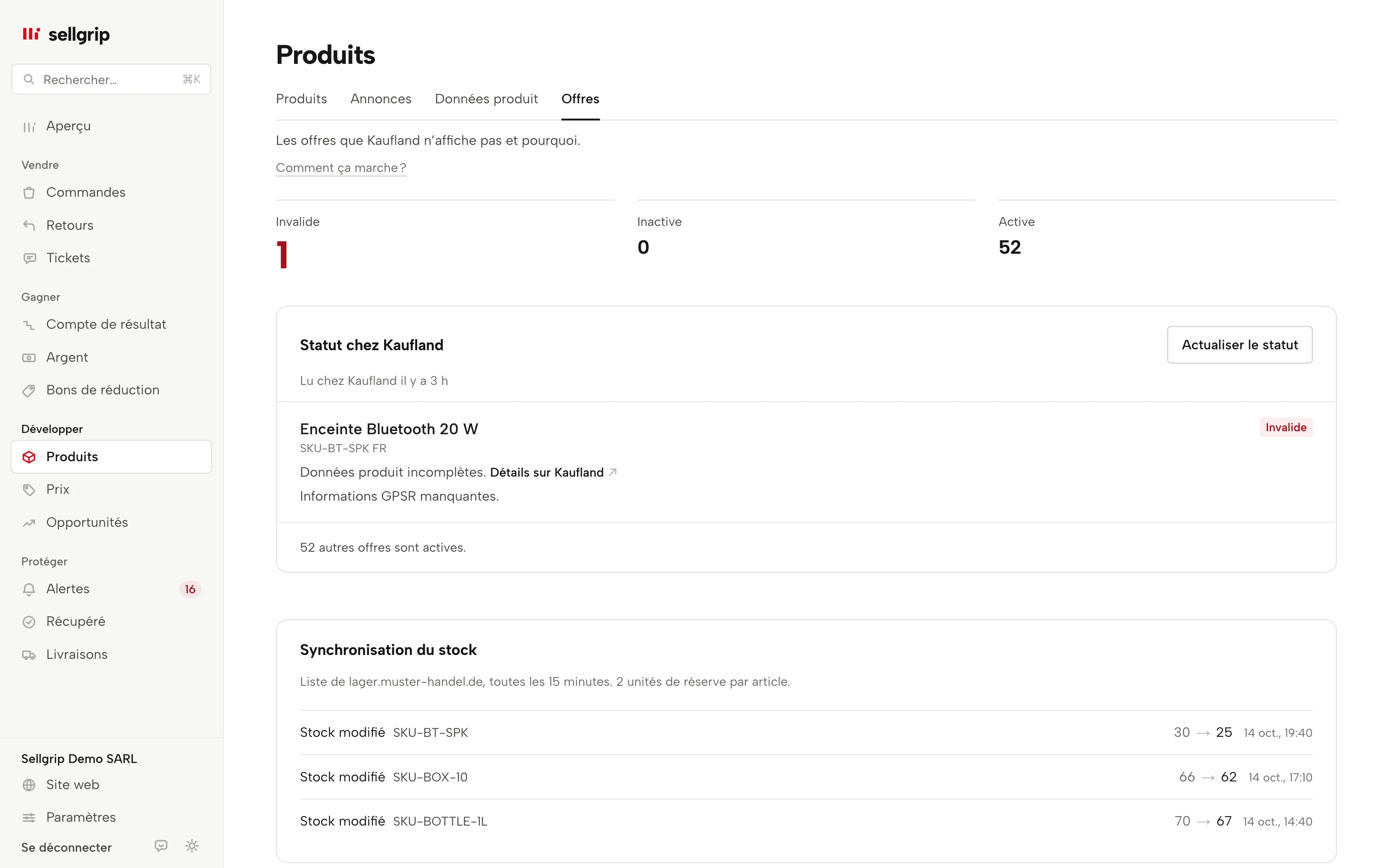 Offres dans Sellgrip : le statut chez Kaufland par offre et la synchronisation du stock.
