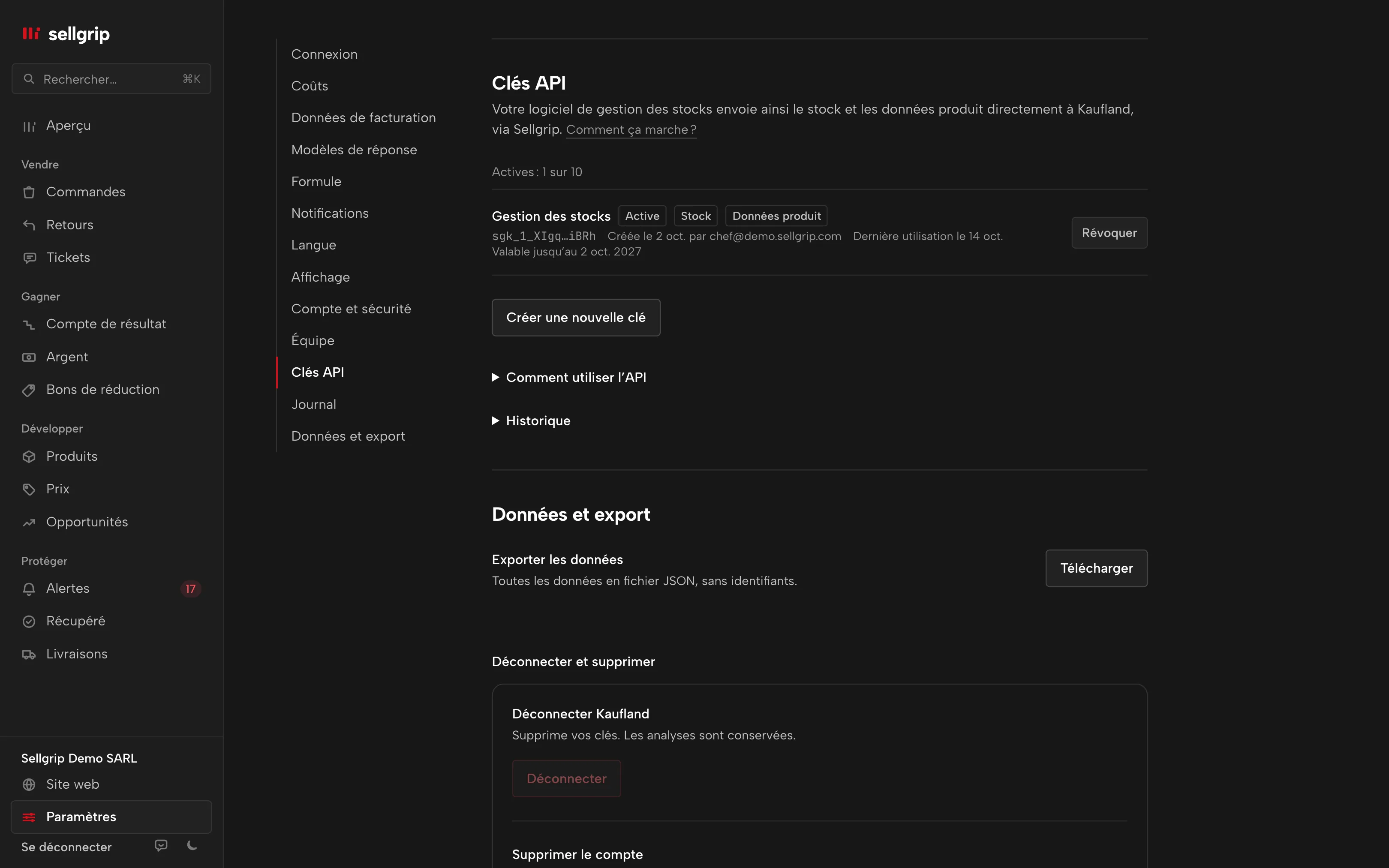 Clés API dans Sellgrip : les clés avec leurs droits, leur dernière utilisation et leur expiration.