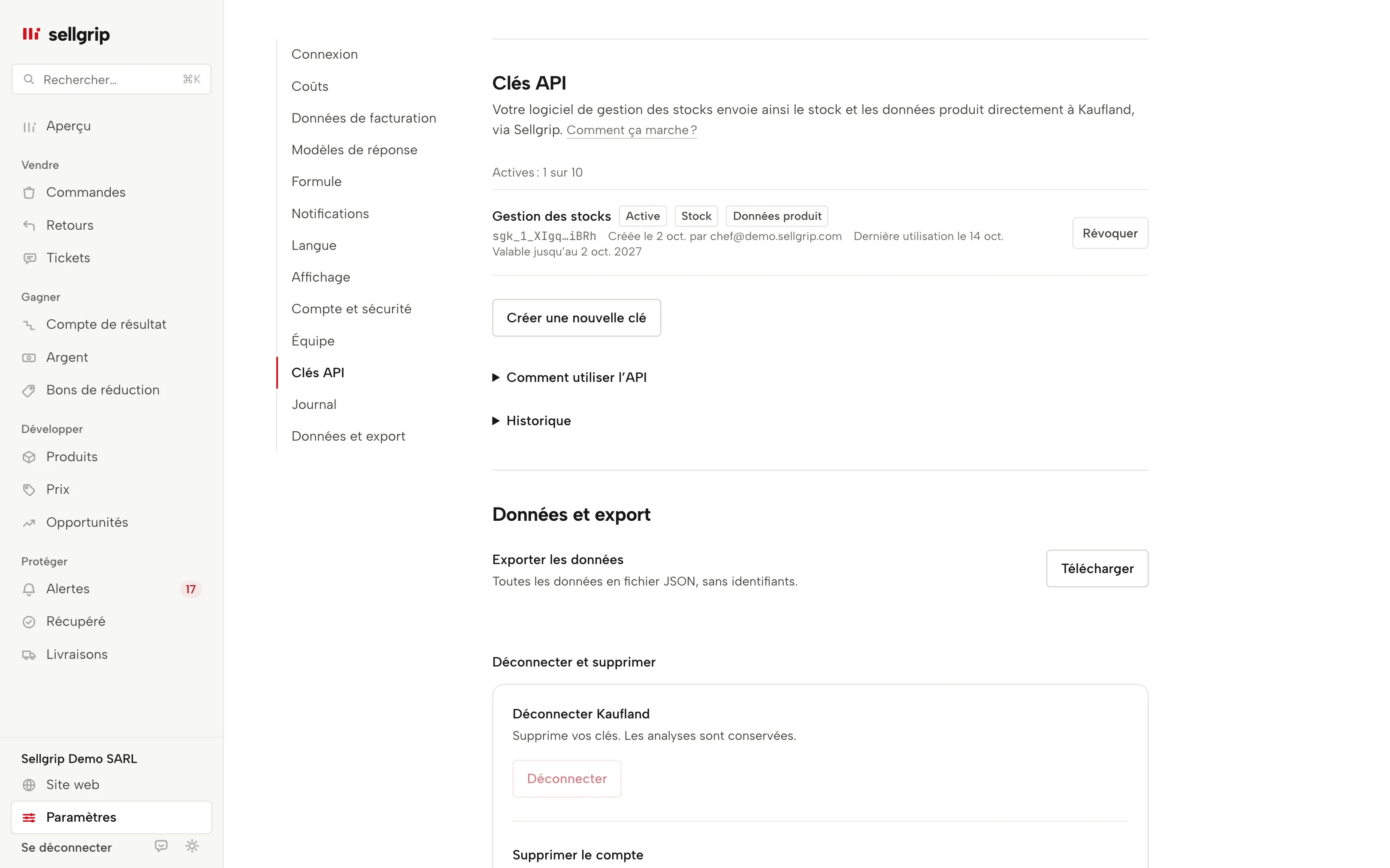 Clés API dans Sellgrip : les clés avec leurs droits, leur dernière utilisation et leur expiration.