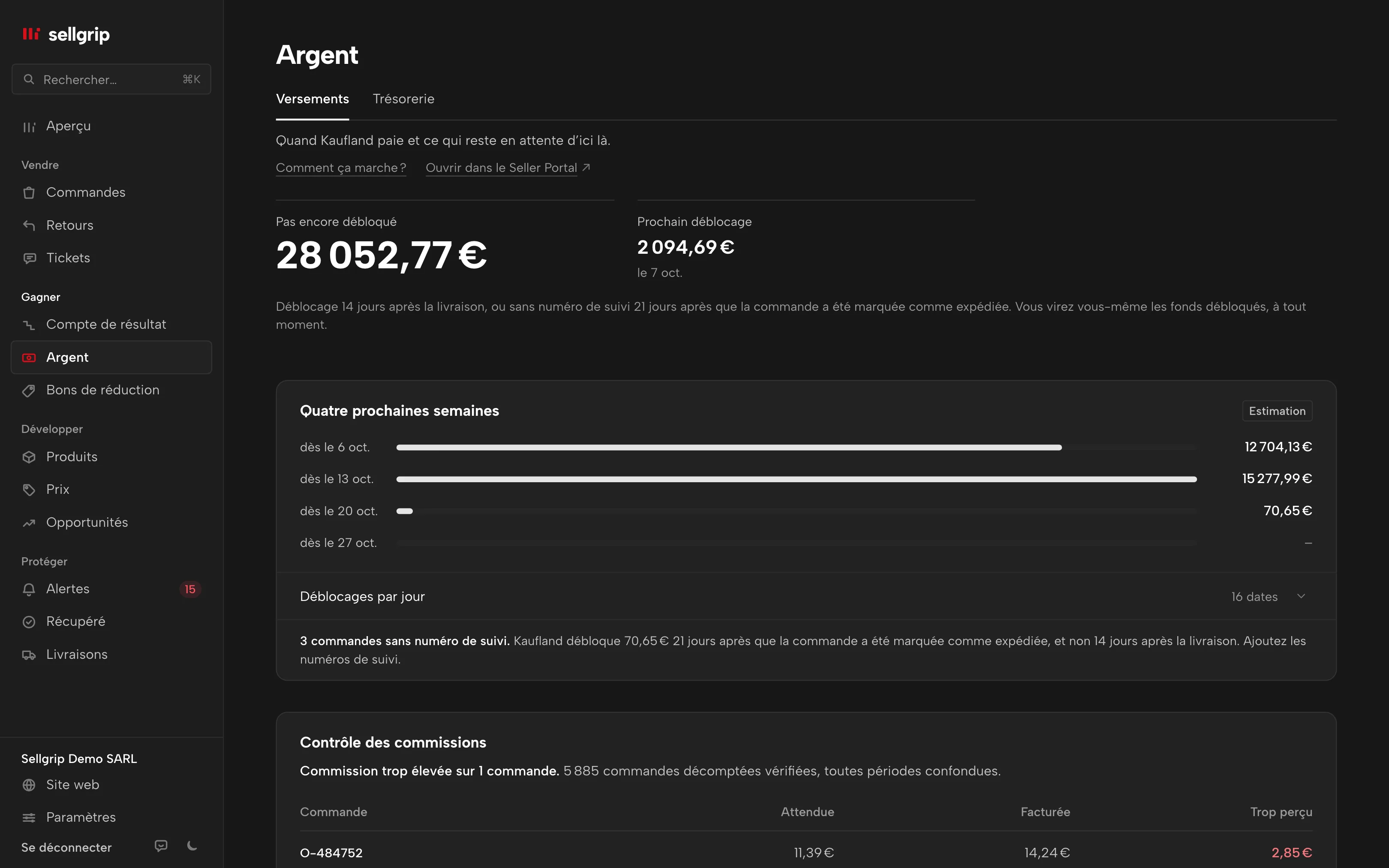 Versements dans Sellgrip : argent pas encore libéré, prochaine libération et une libération en retard avec un texte pour Kaufland.