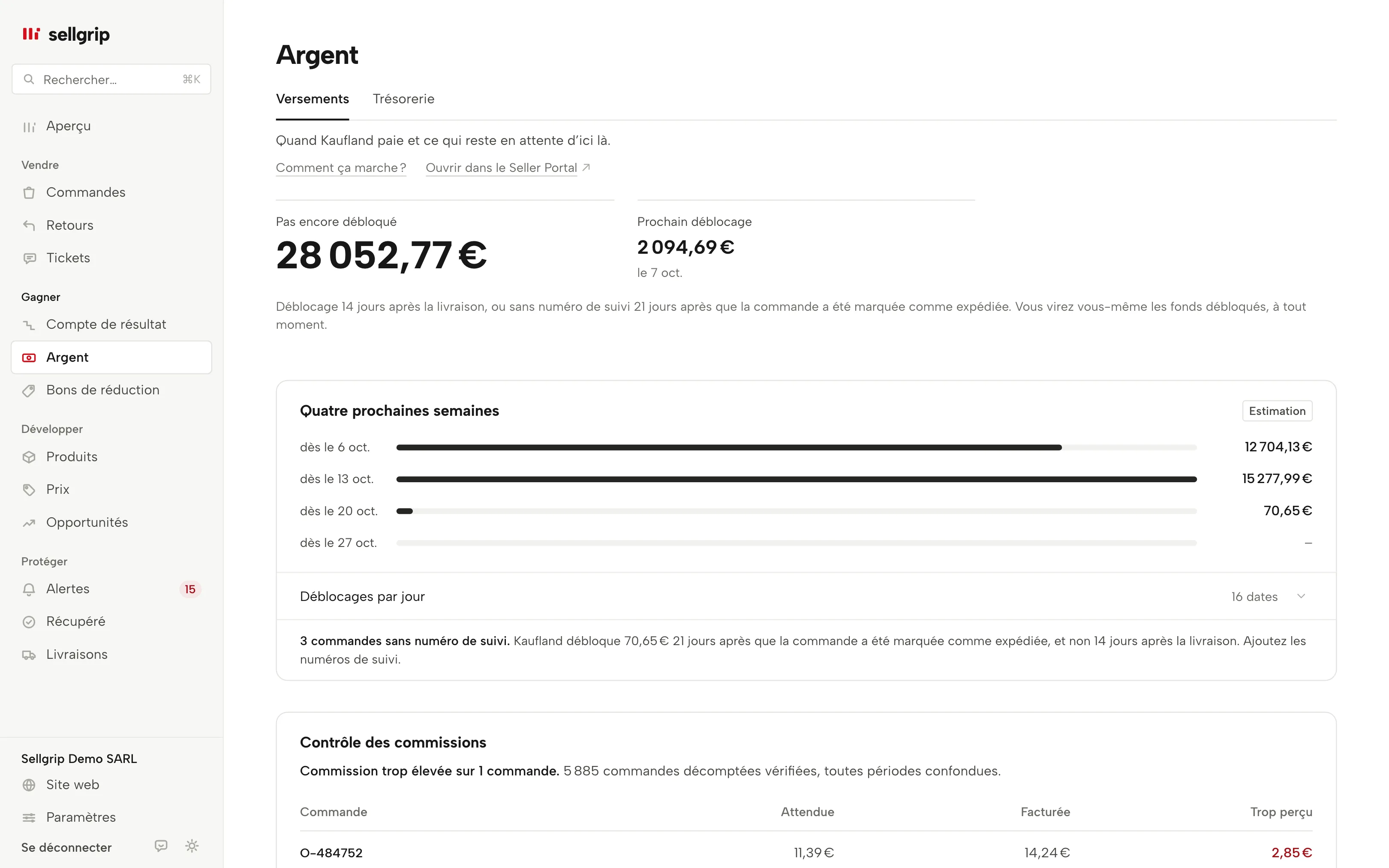 Versements dans Sellgrip : argent pas encore libéré, prochaine libération et une libération en retard avec un texte pour Kaufland.