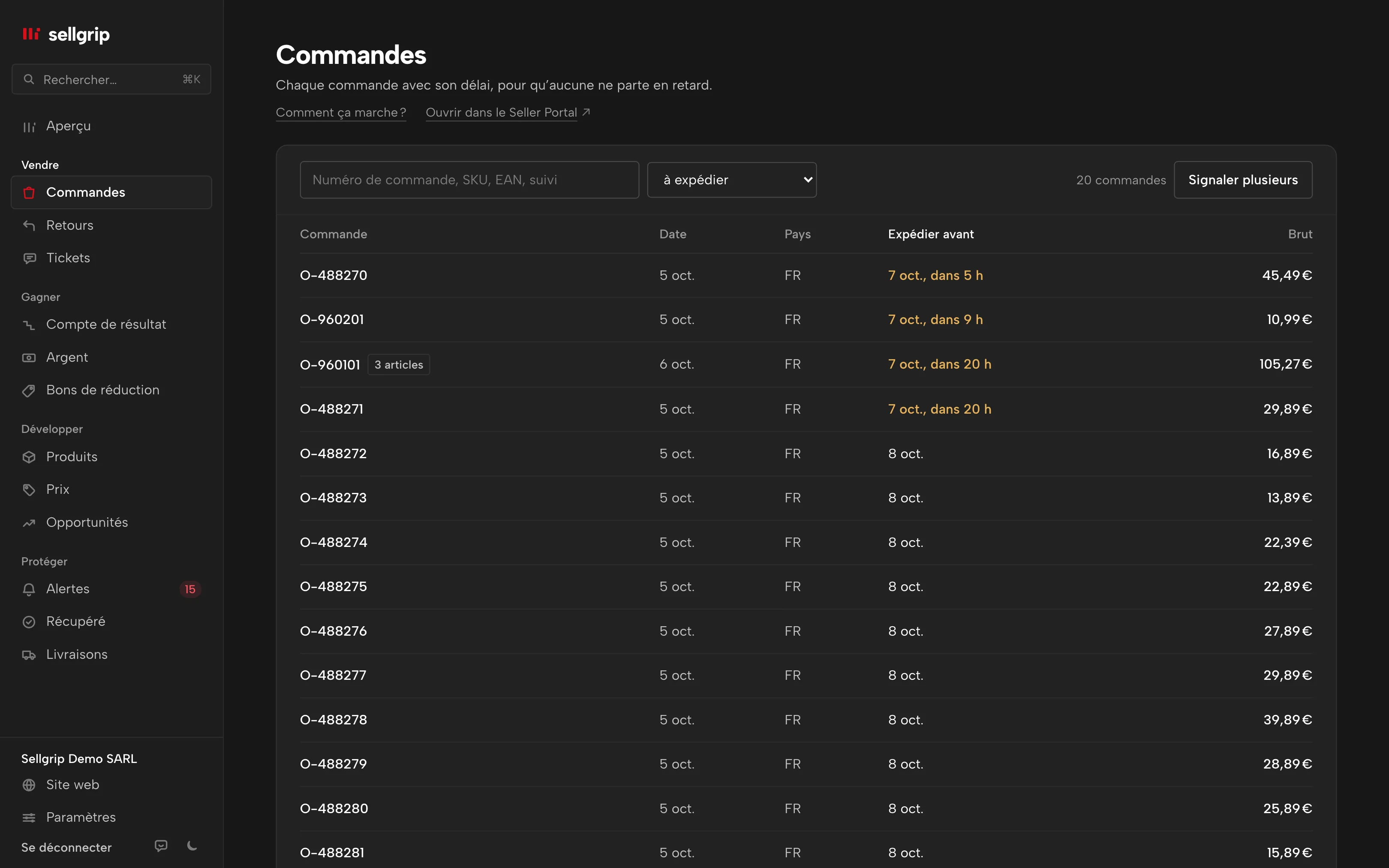 Commandes dans Sellgrip : recherche, filtre de statut et colonne « Expédier avant ».