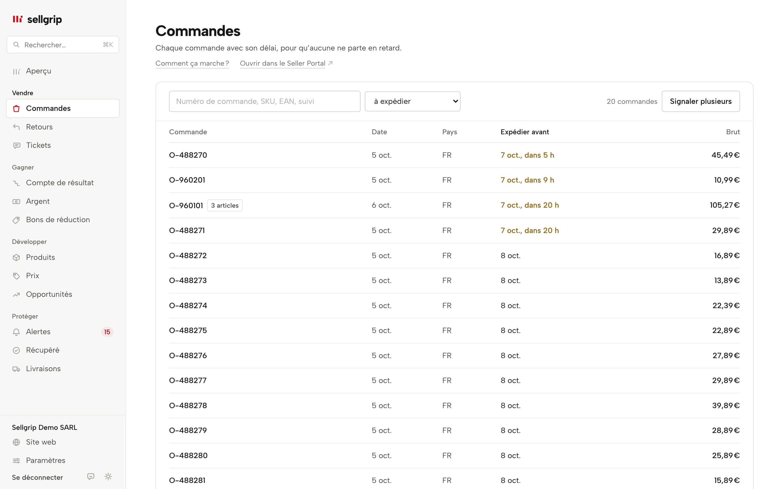 Commandes dans Sellgrip : recherche, filtre de statut et colonne « Expédier avant ».