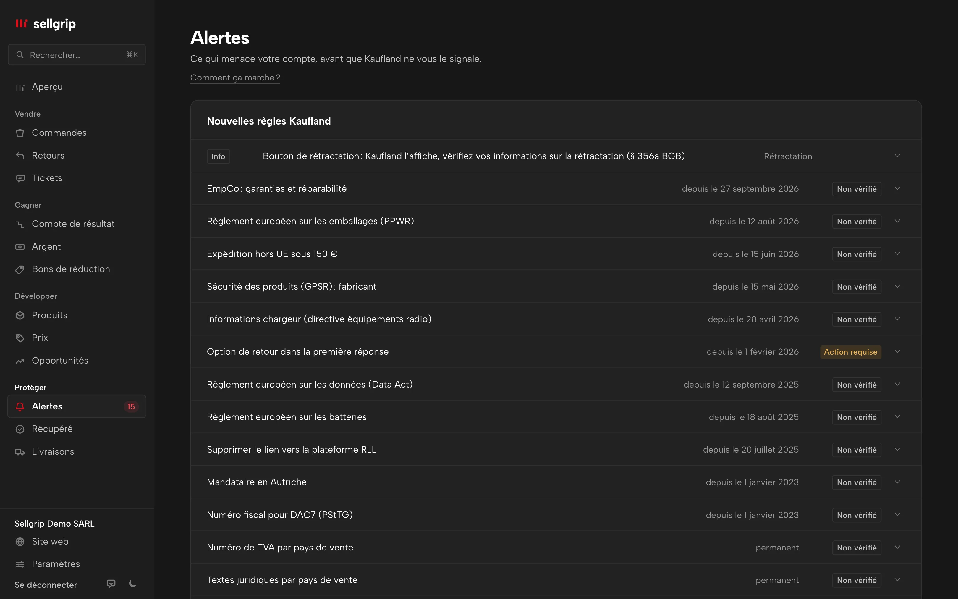 Les alertes dans Sellgrip, avec en haut Santé du compte et un risque pour le compte.