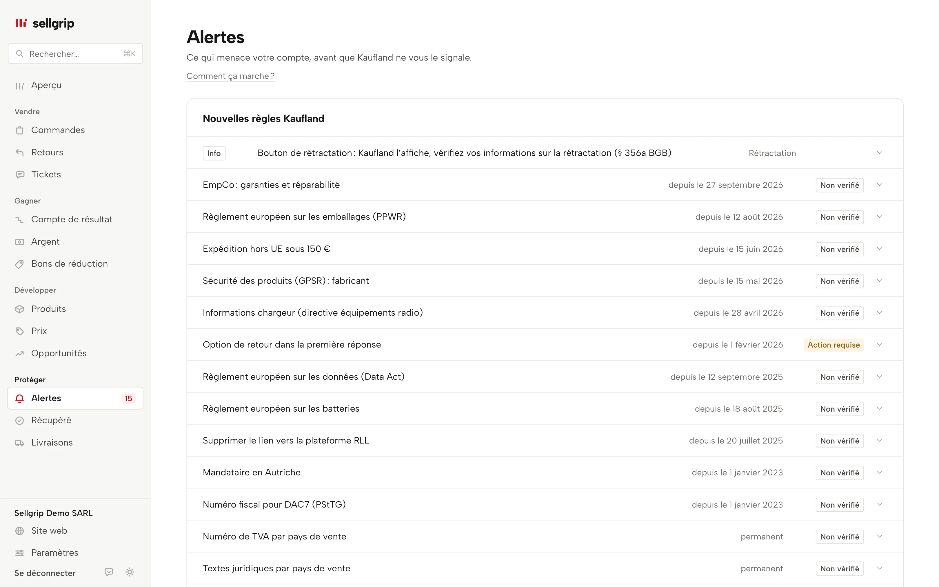 Les alertes dans Sellgrip, avec en haut Santé du compte et un risque pour le compte.
