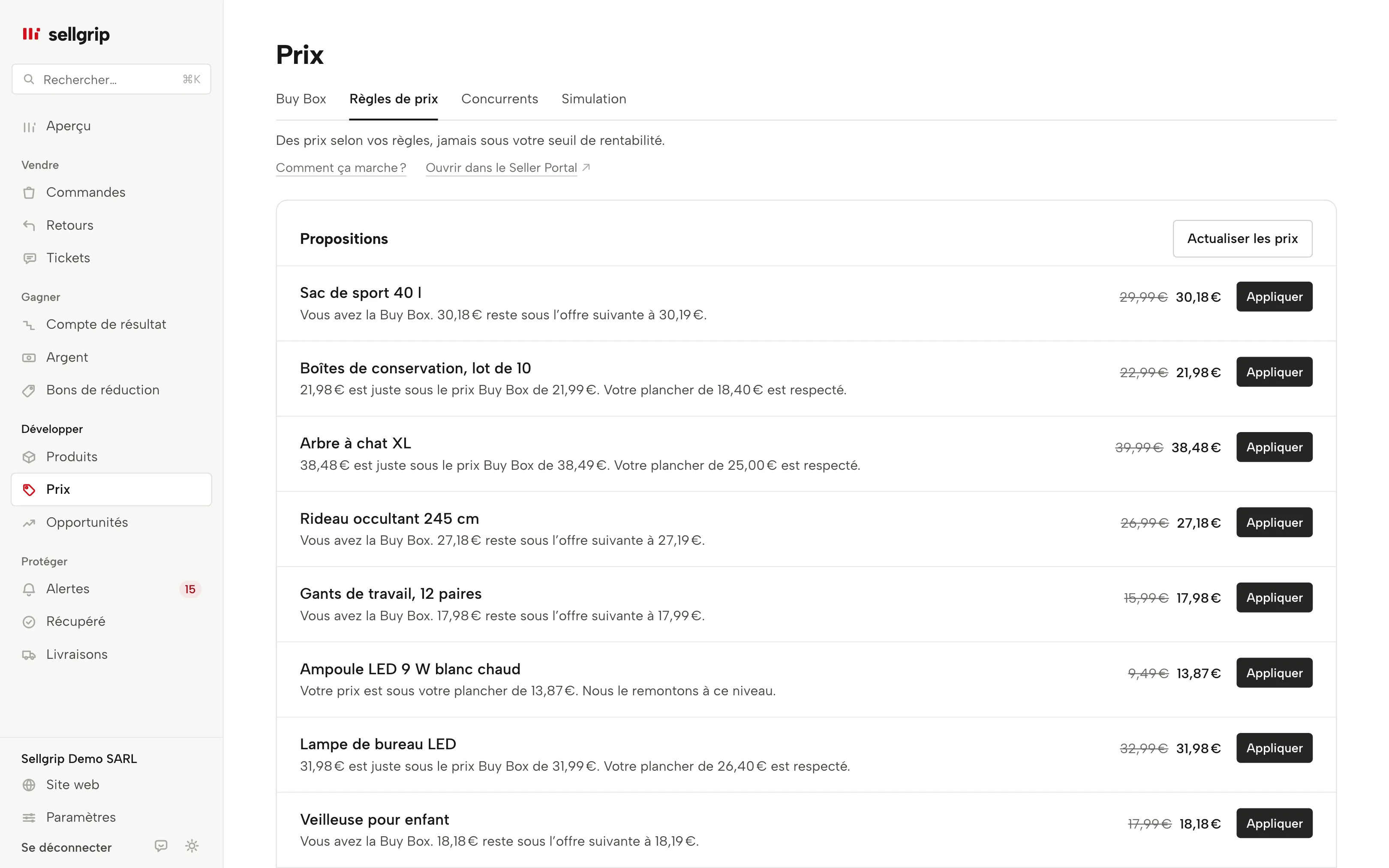 Règles de prix dans Sellgrip avec une proposition par produit, le plancher et l’arrêt d’urgence.