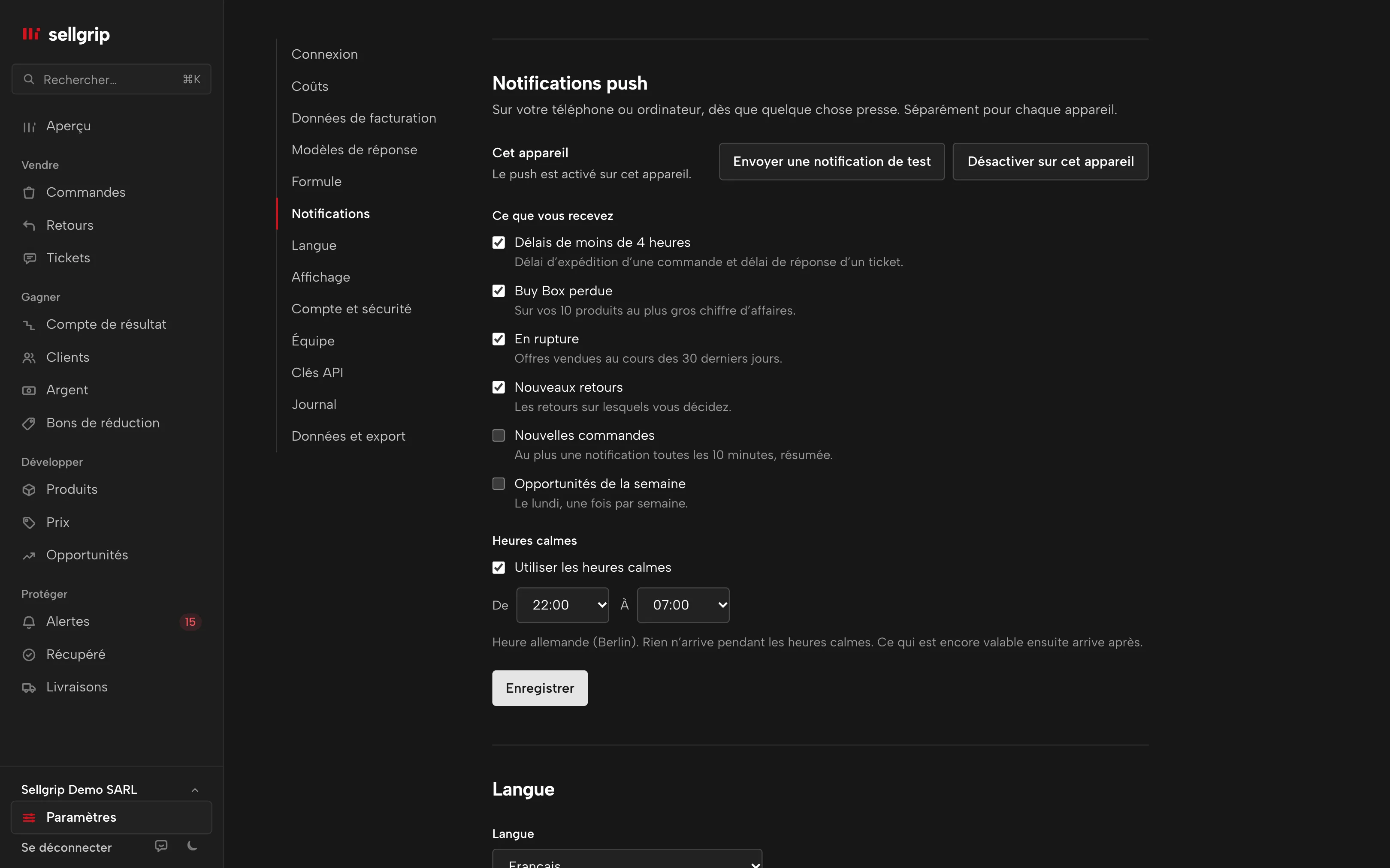 Les notifications push dans les paramètres de Sellgrip : les domaines par appareil et les heures calmes.