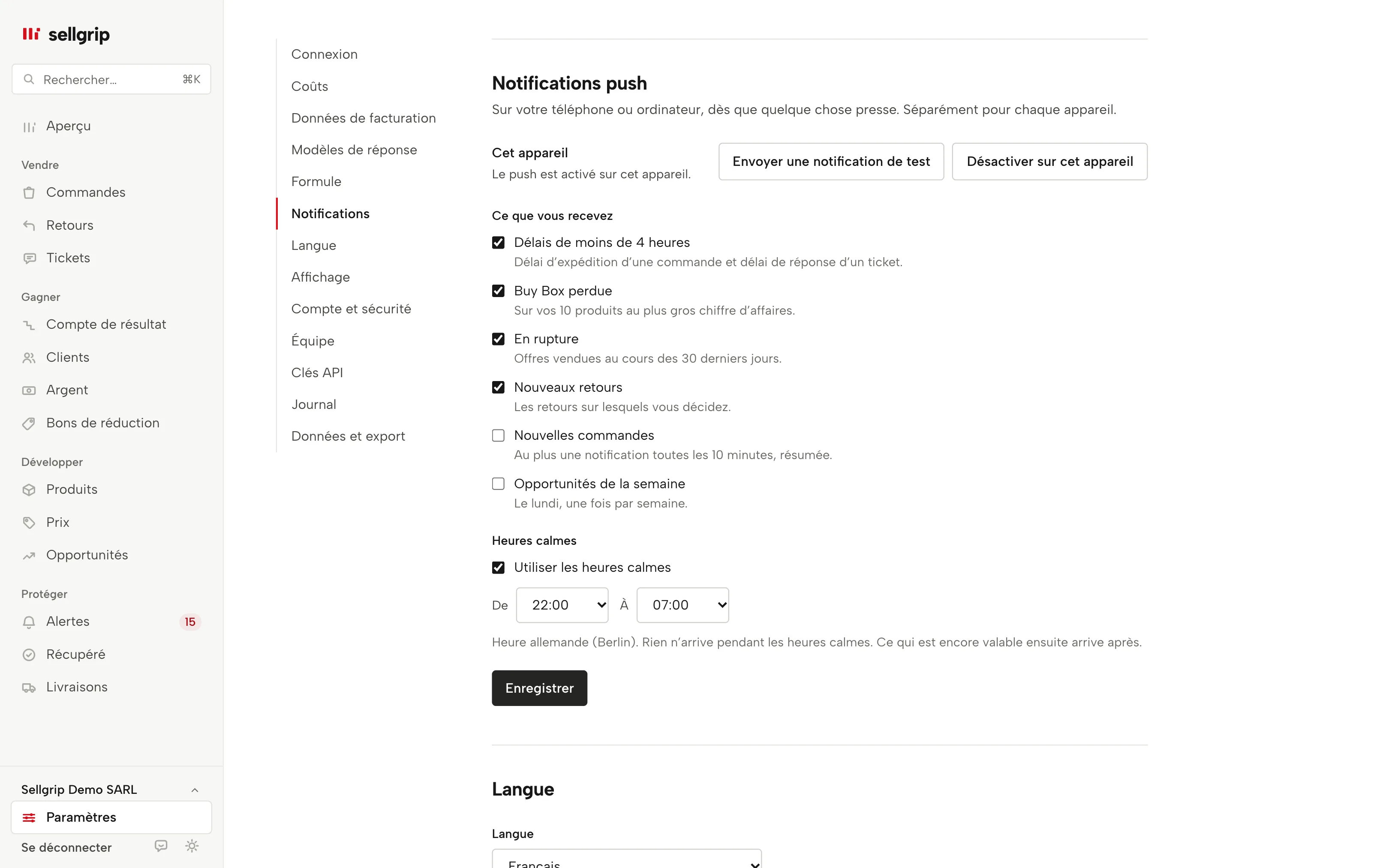 Les notifications push dans les paramètres de Sellgrip : les domaines par appareil et les heures calmes.