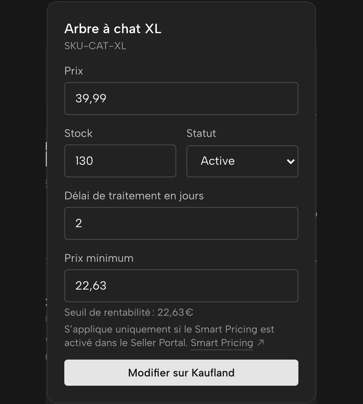 Produits dans Sellgrip : prix minimum saisi au seuil de rentabilité, pas encore envoyé à Kaufland