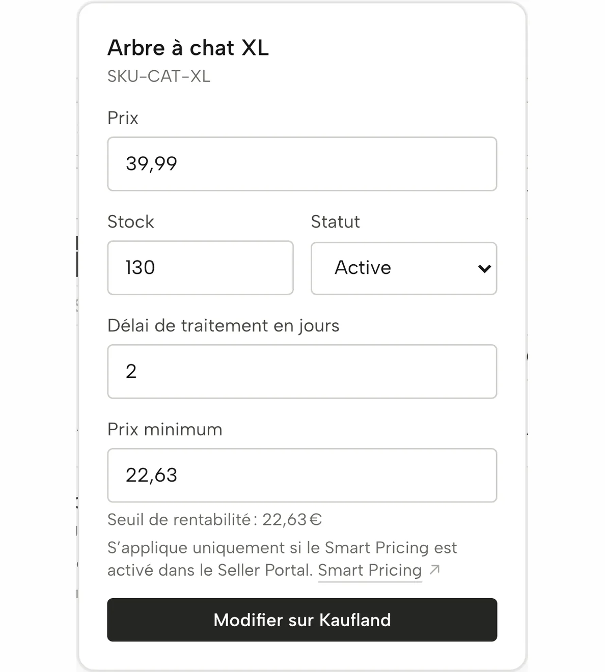 Produits dans Sellgrip : prix minimum saisi au seuil de rentabilité, pas encore envoyé à Kaufland