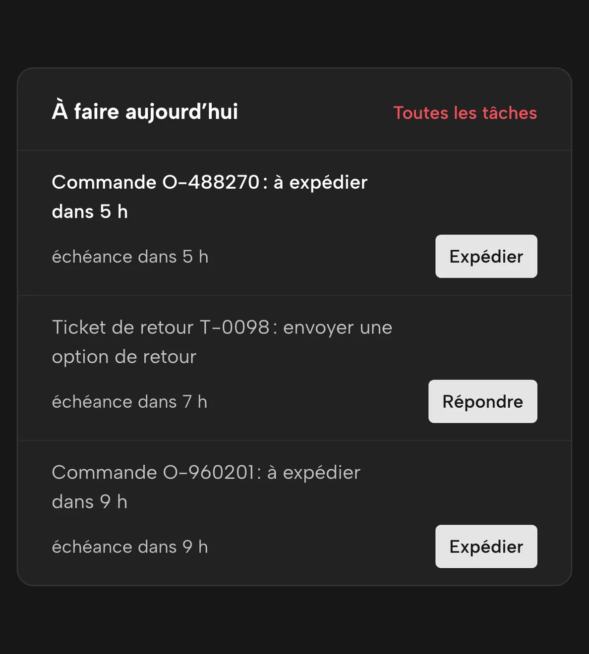 Vue d’ensemble dans Sellgrip : les tâches du jour, triées par échéance