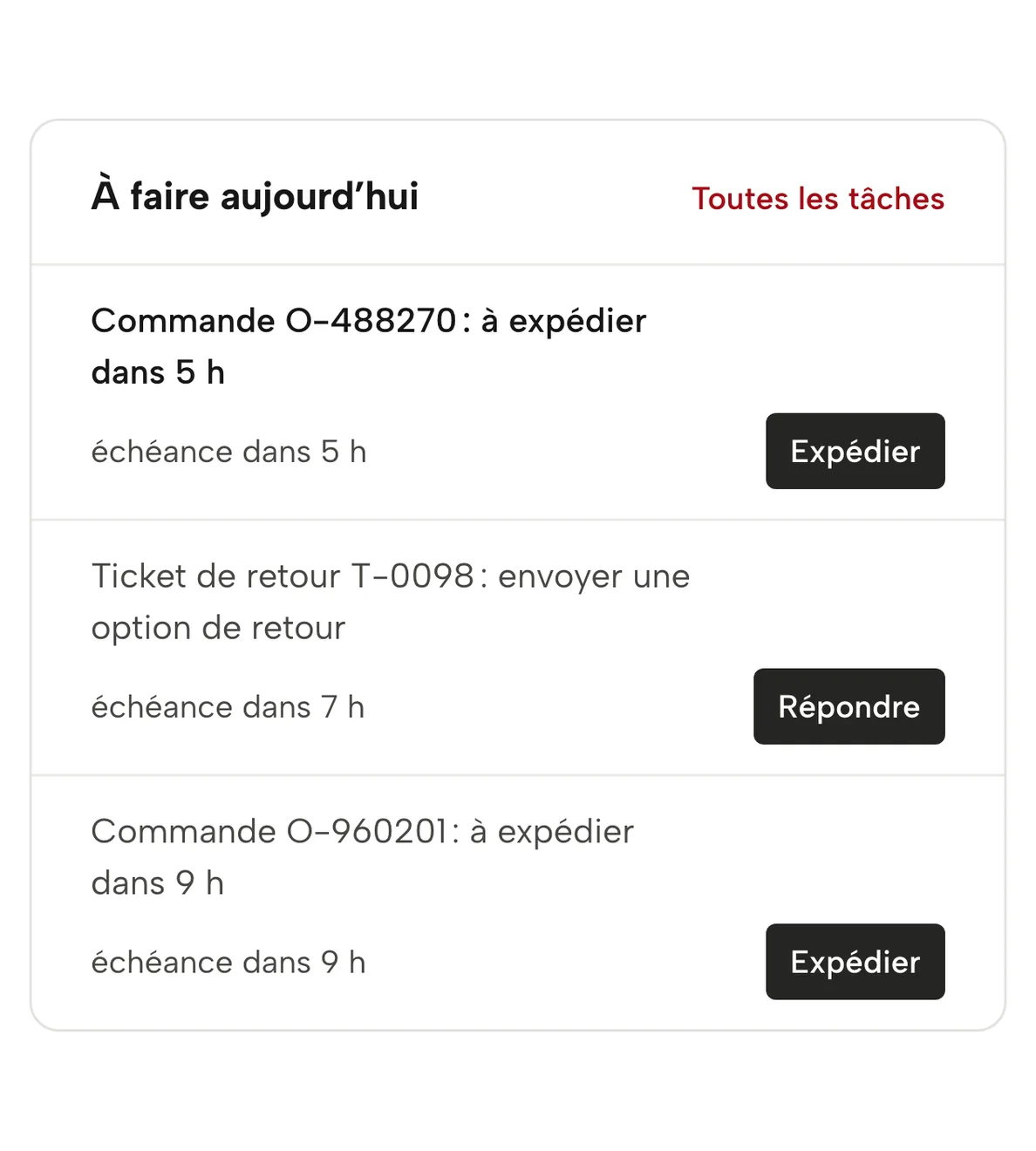 Vue d’ensemble dans Sellgrip : les tâches du jour, triées par échéance