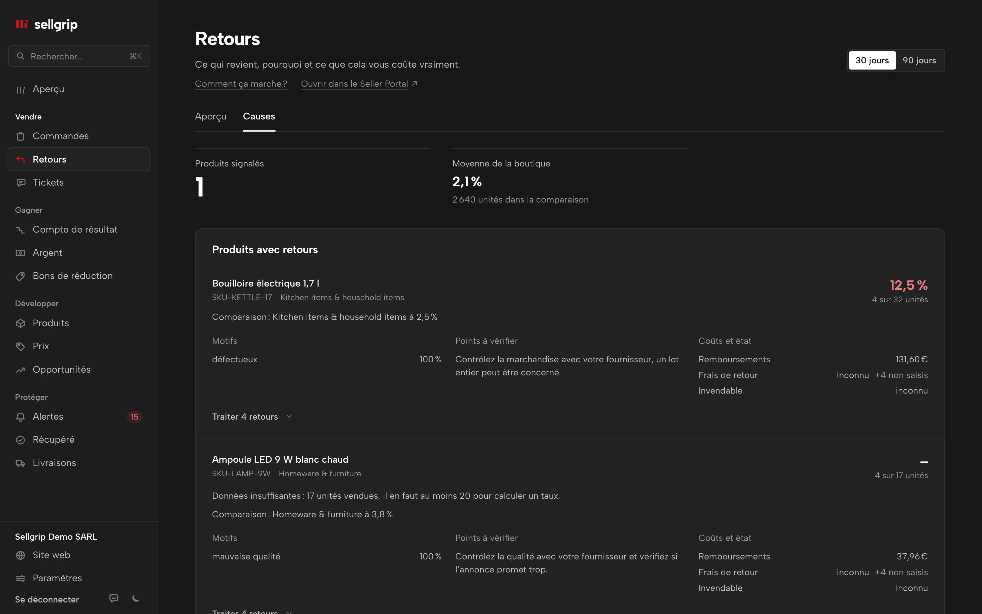 Radar des retours dans Sellgrip : produits signalés, base de comparaison, motifs de retour et coûts connus.