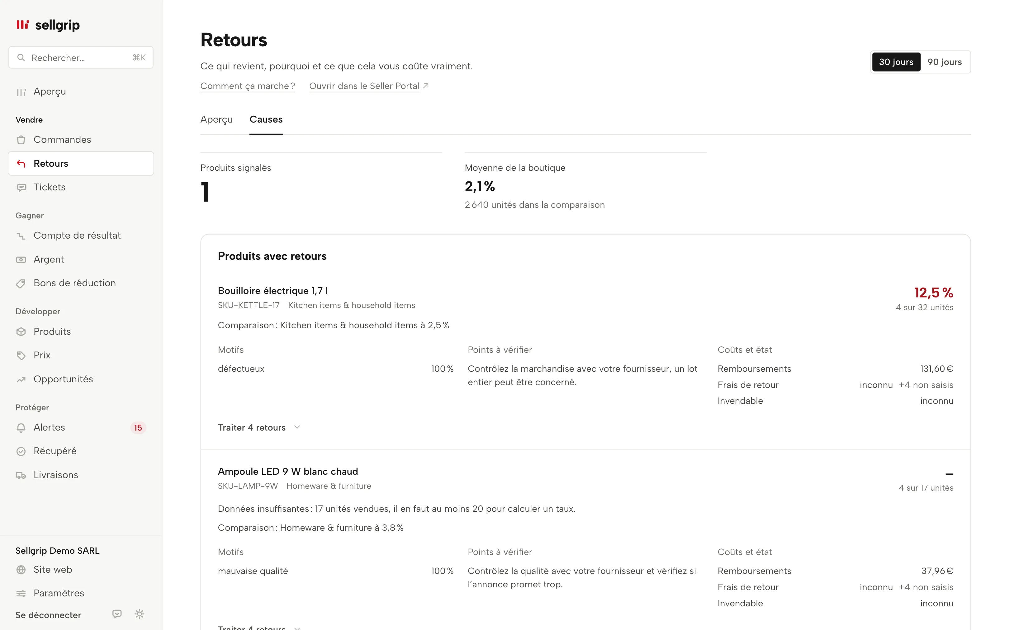 Radar des retours dans Sellgrip : produits signalés, base de comparaison, motifs de retour et coûts connus.