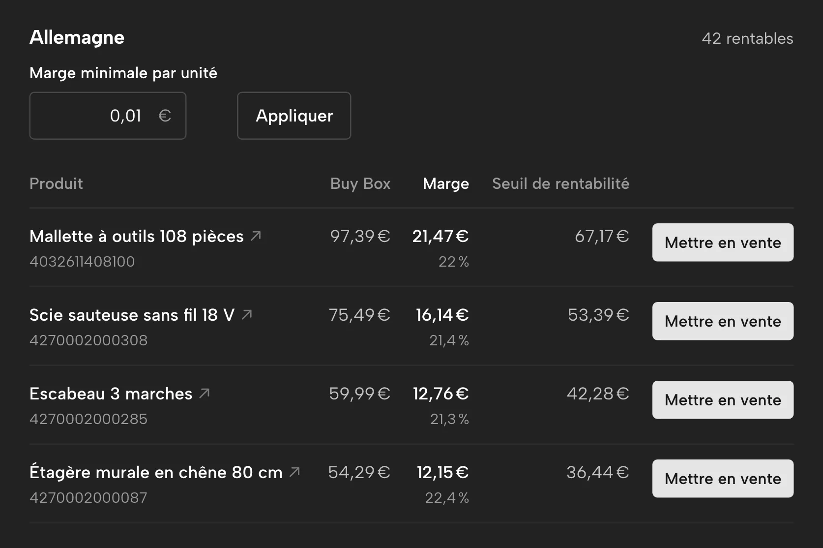 Contrôle pays dans Sellgrip, avec des données d’exemple