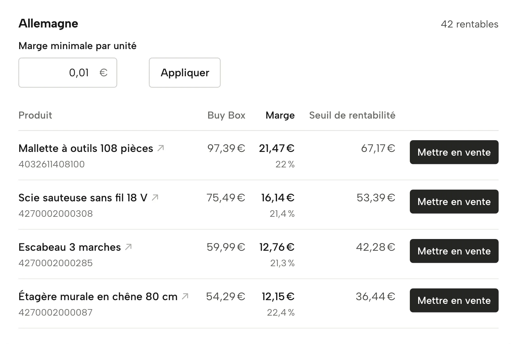 Contrôle pays dans Sellgrip, avec des données d’exemple