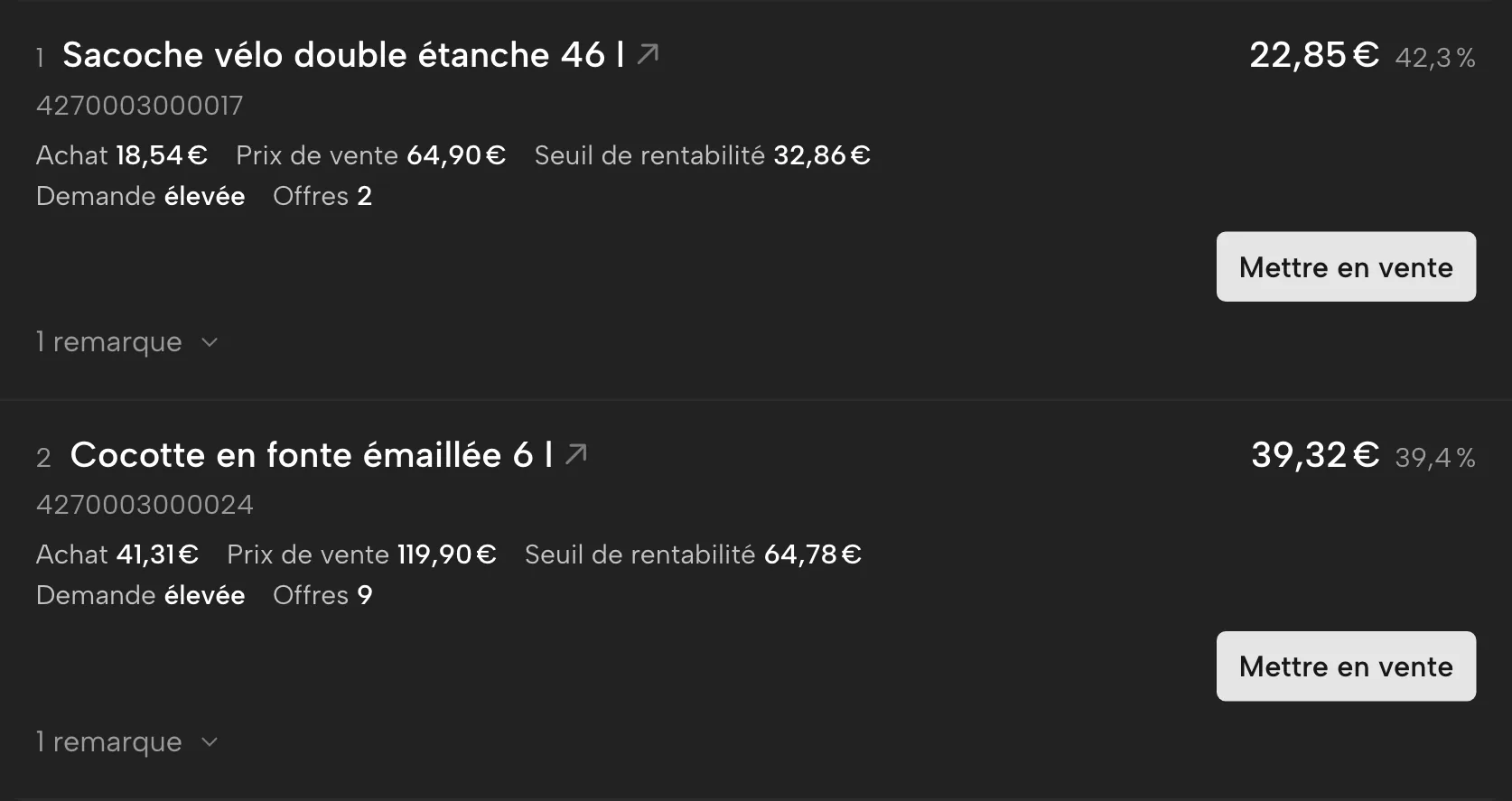 Chercheur de marge dans Sellgrip, avec des données d’exemple