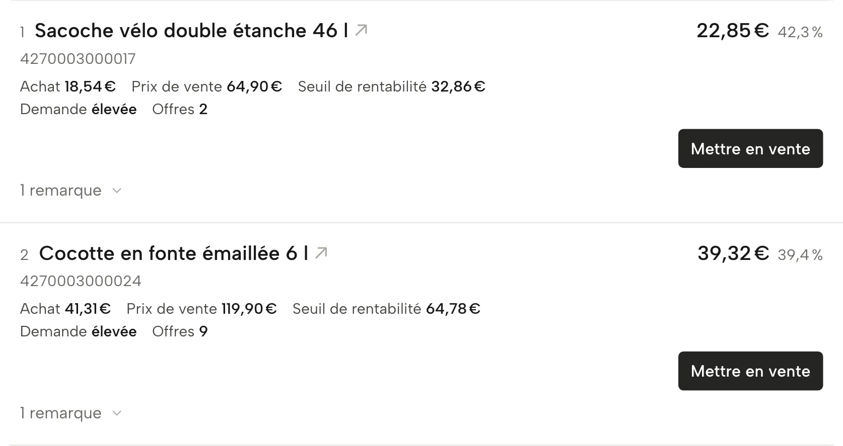 Chercheur de marge dans Sellgrip, avec des données d’exemple