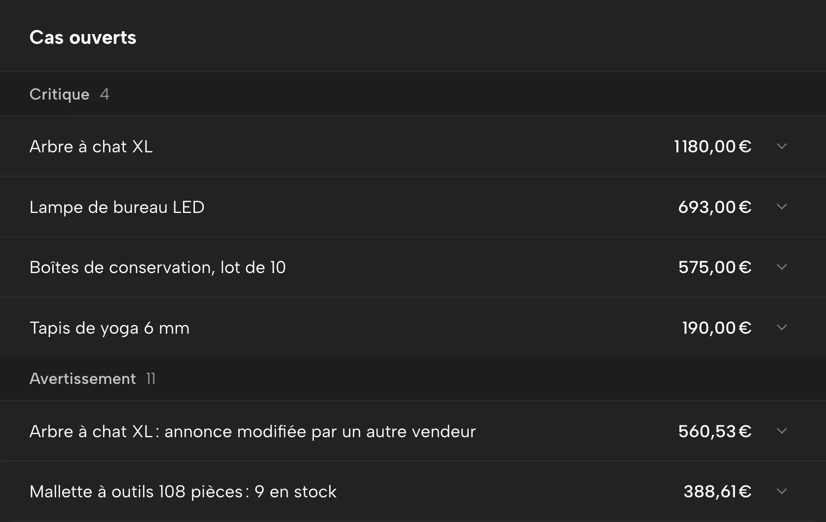 Alertes dans Sellgrip, avec des données d’exemple