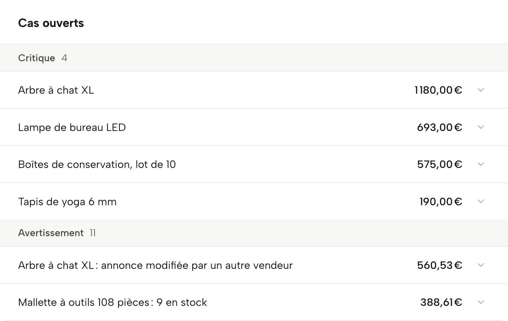 Alertes dans Sellgrip, avec des données d’exemple