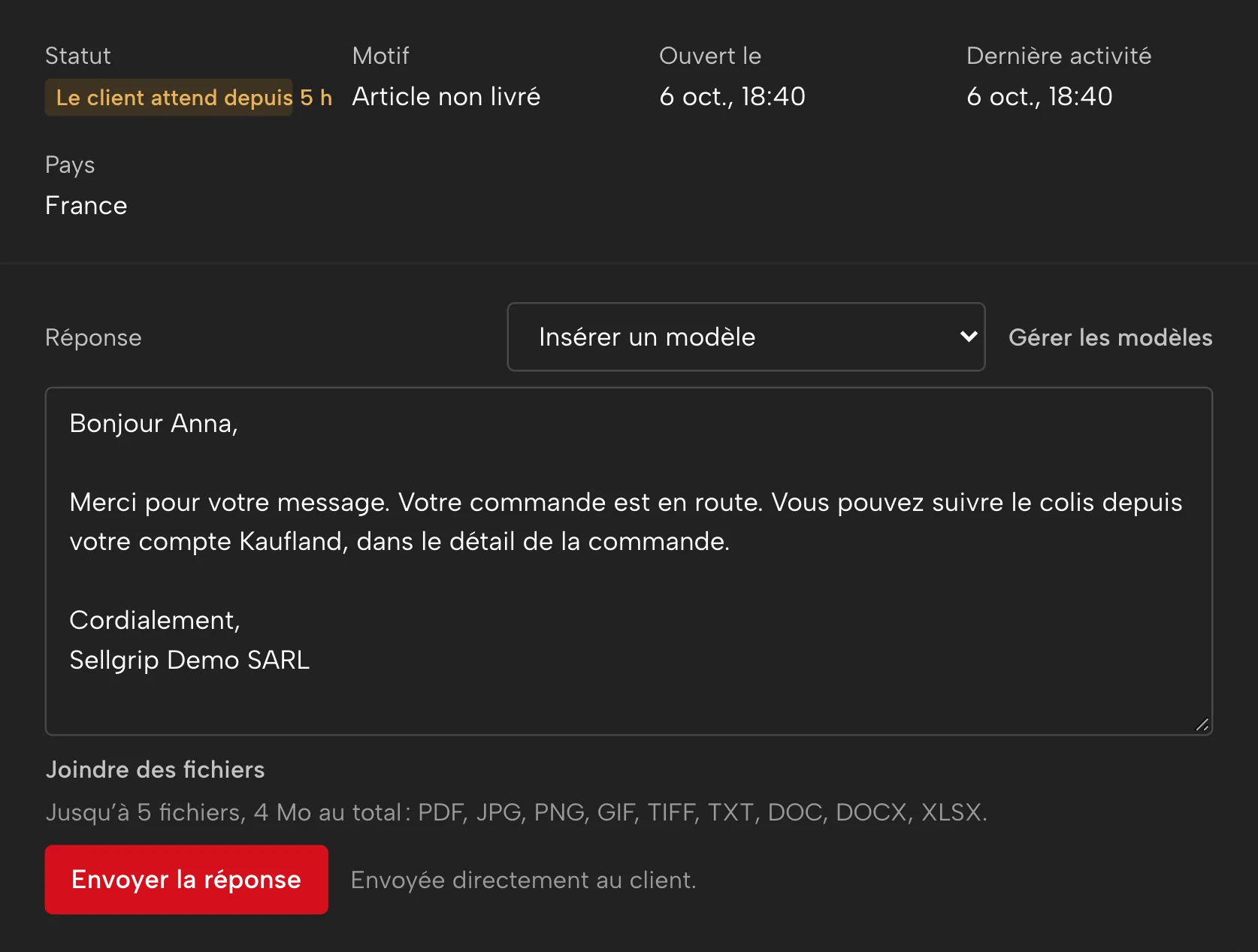 Tickets dans Sellgrip, avec des données d’exemple