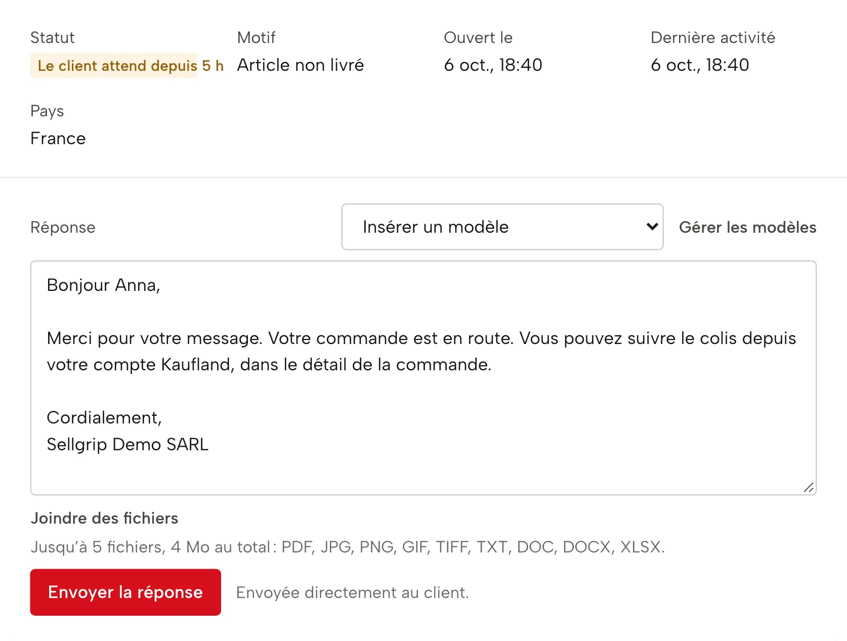 Tickets dans Sellgrip, avec des données d’exemple