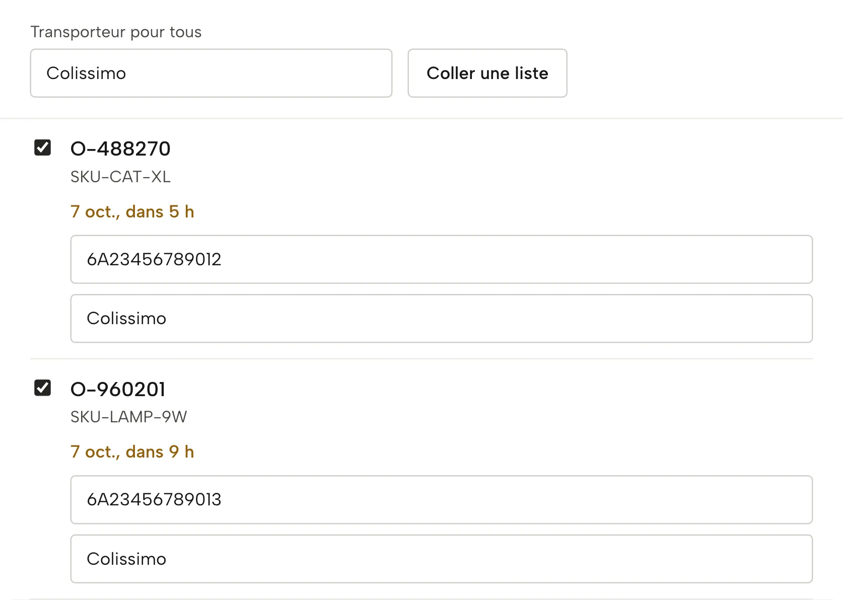 Signaler l’envoi dans Sellgrip, avec des données d’exemple