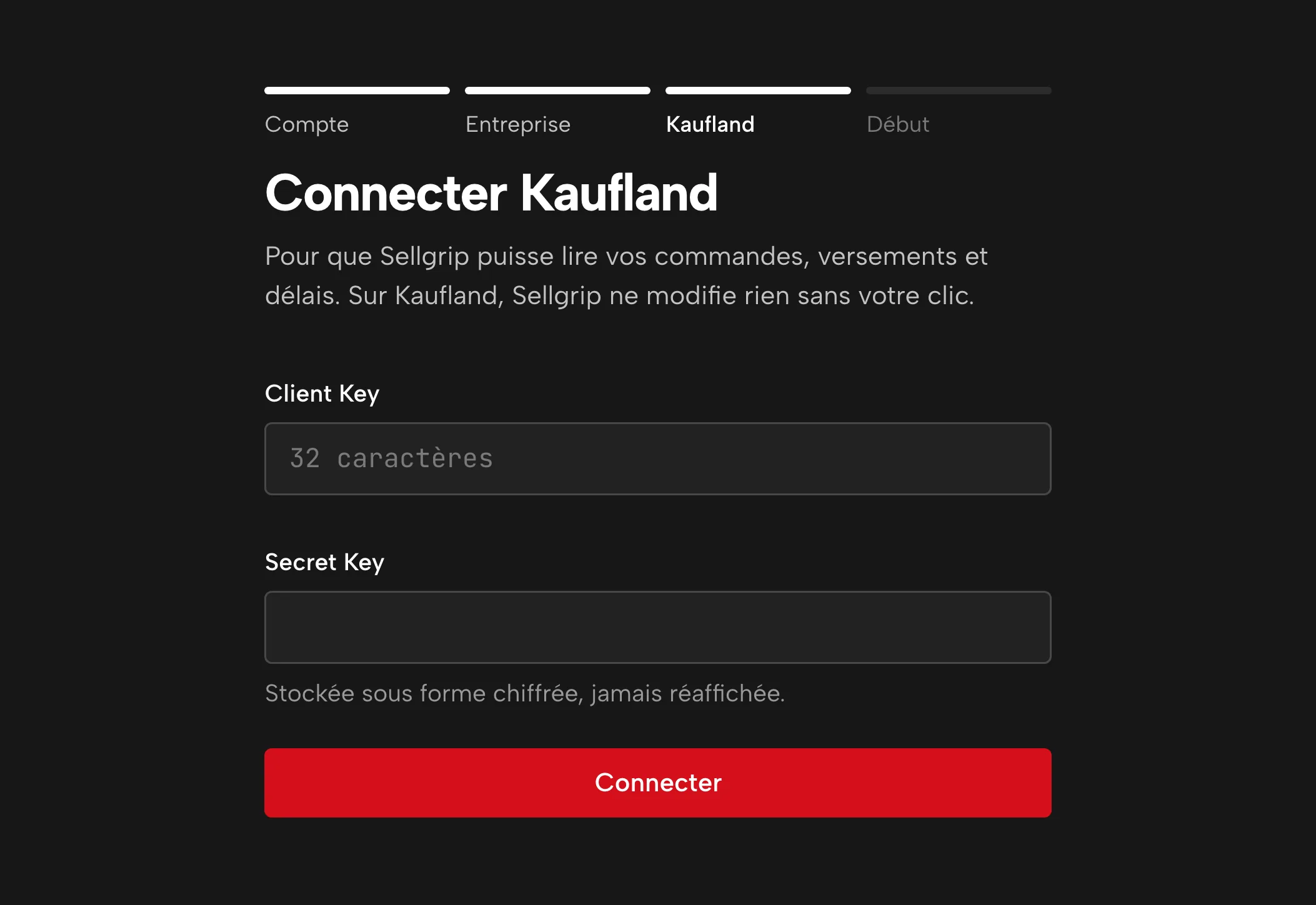 Saisie de vos clés dans Sellgrip, avec des données d’exemple