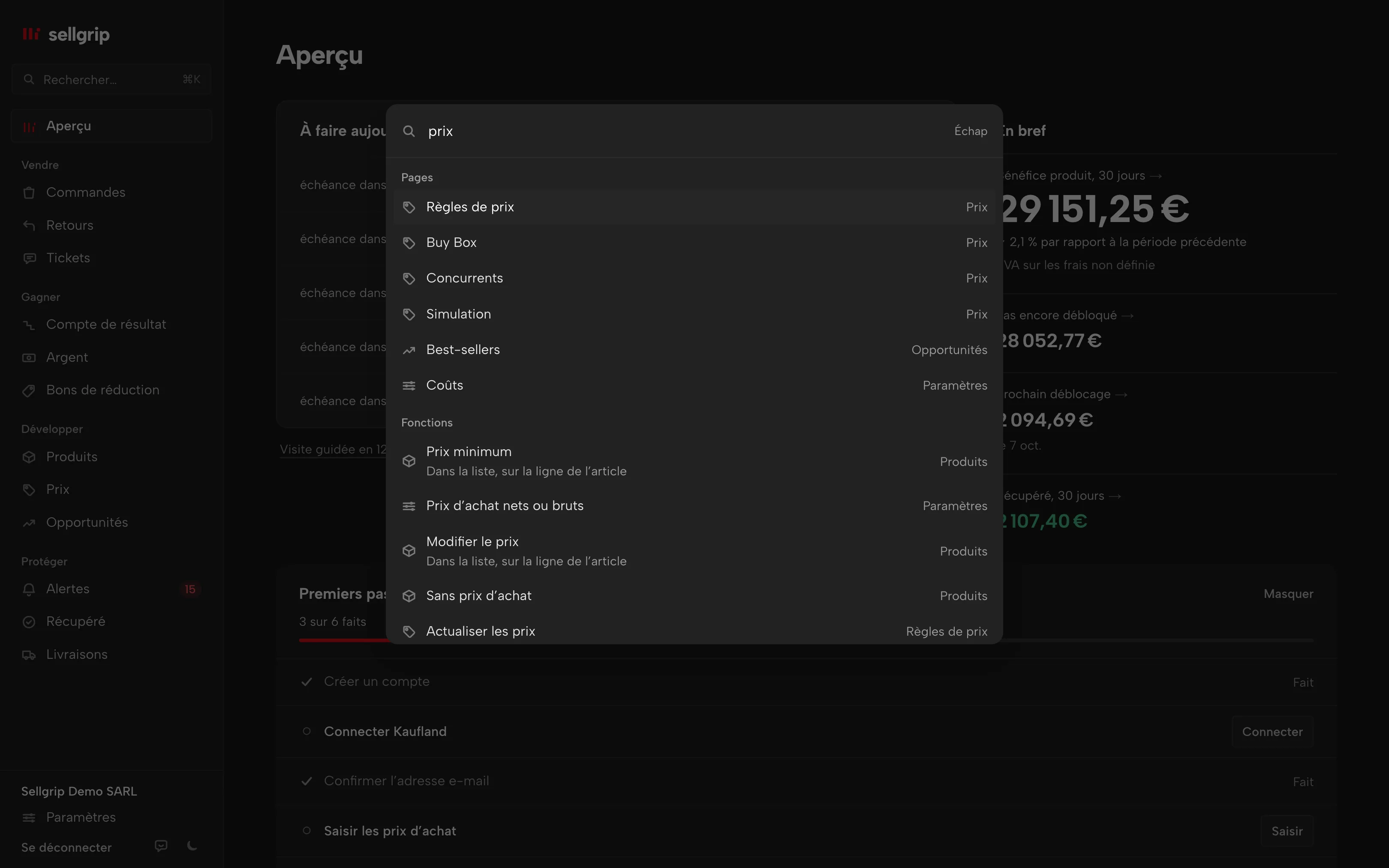 Recherche dans Sellgrip, ouverte avec ⌘K : les pages et les fonctions qu’elles contiennent pour le mot « prix ».
