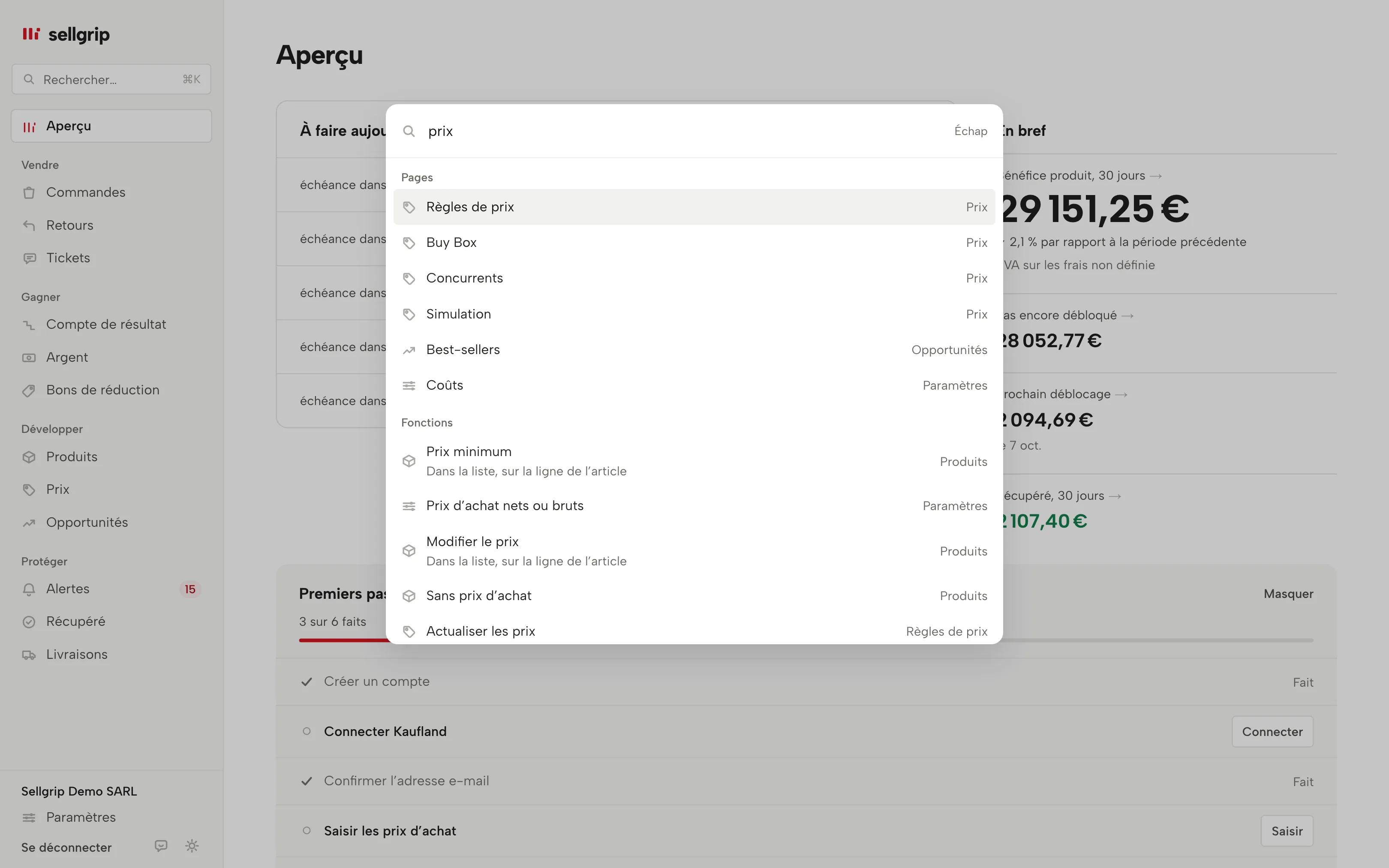Recherche dans Sellgrip, ouverte avec ⌘K : les pages et les fonctions qu’elles contiennent pour le mot « prix ».