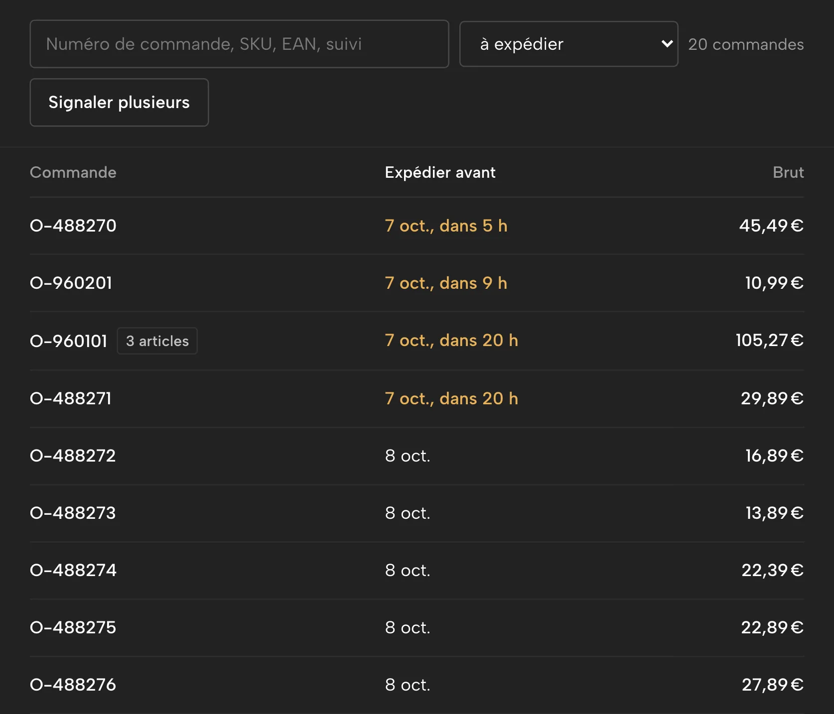 Commandes dans Sellgrip, avec des données d’exemple