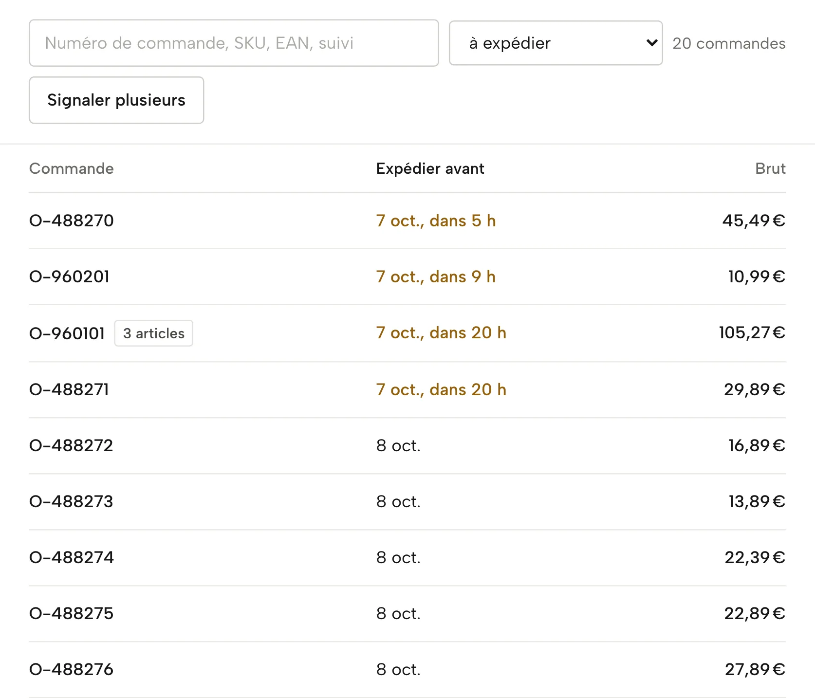 Commandes dans Sellgrip, avec des données d’exemple